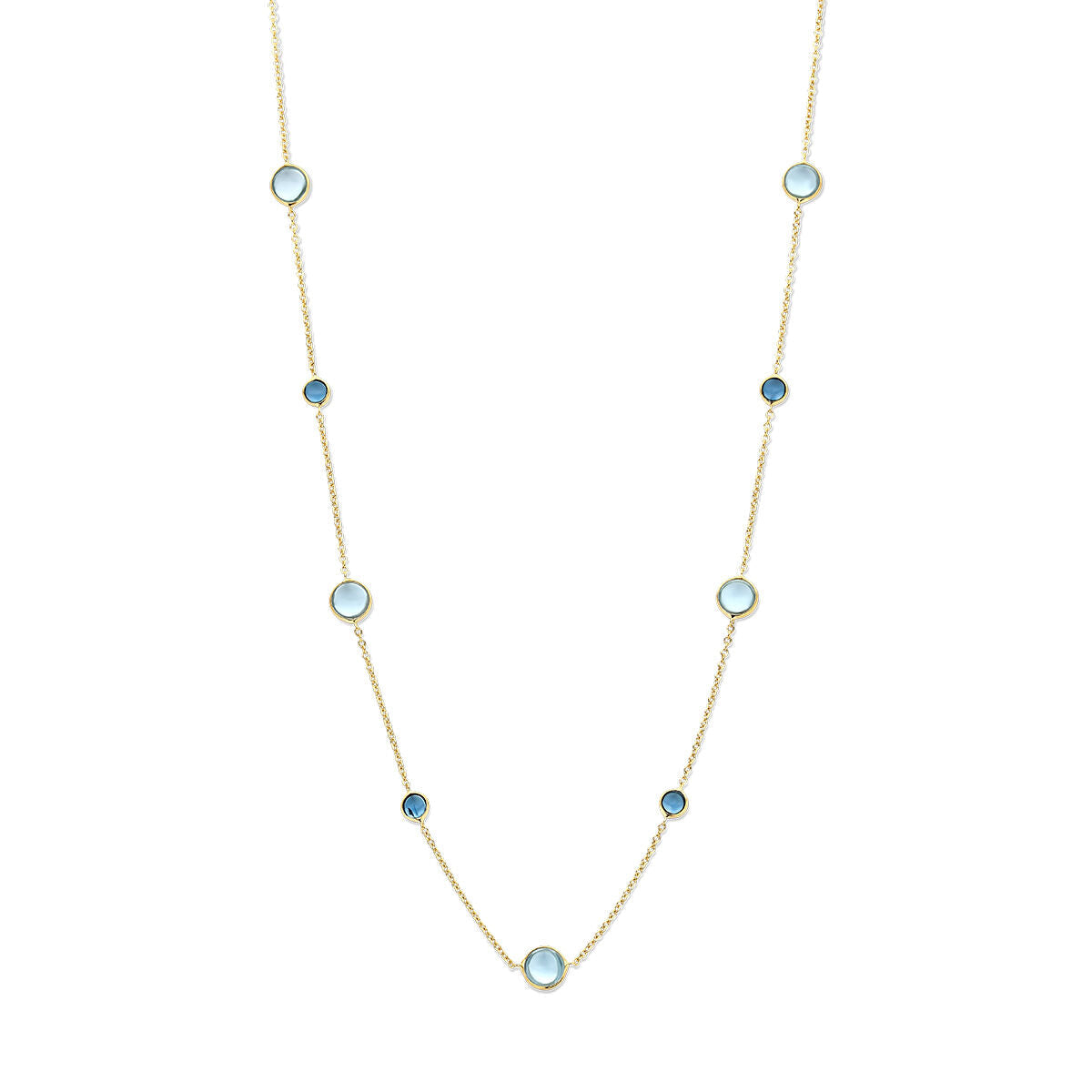Collier en or jaune 14K avec topazes bleues et topazes London blue, longueur 42-45 cm.