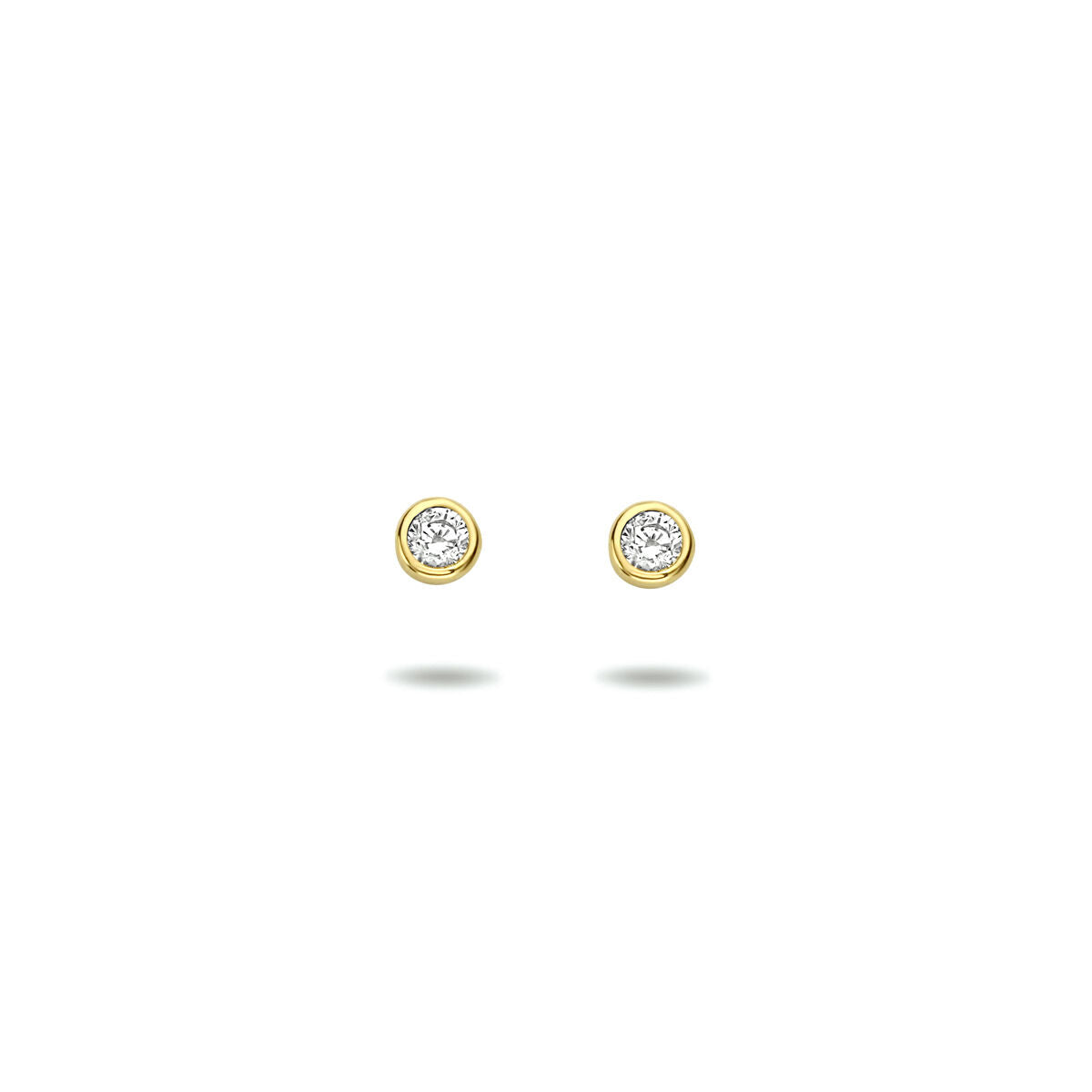 Boucles d'oreilles en or jaune 14K avec zirconia, forme ronde et finition brillante.