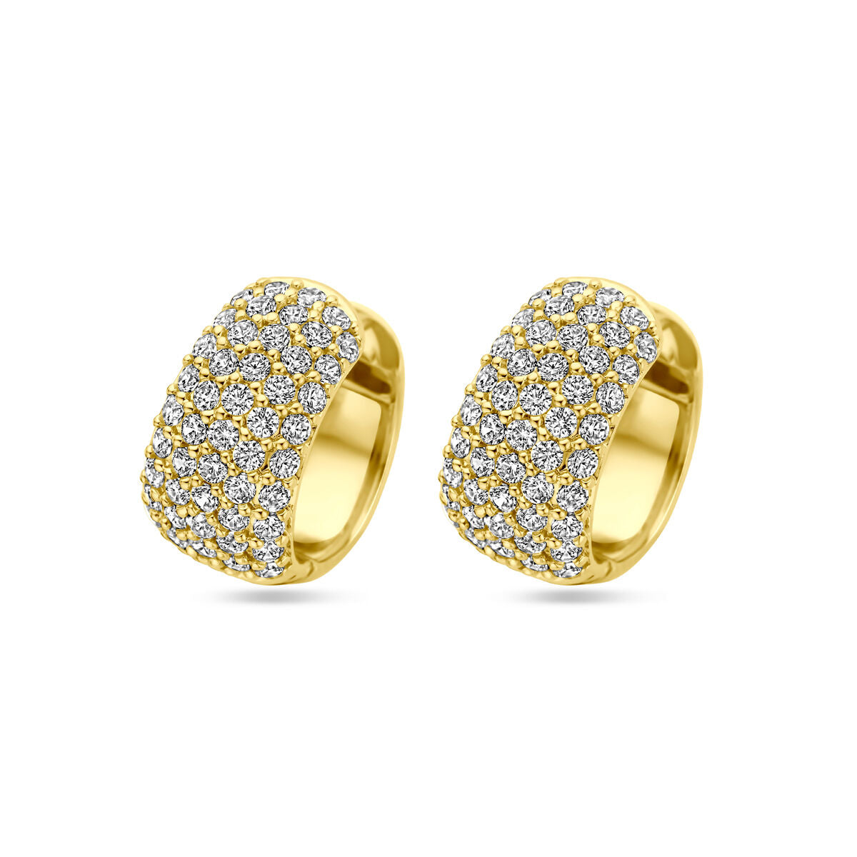 Boucles d'oreilles dorées en zirconium, de forme arrondie et ornées de pierres brillantes.