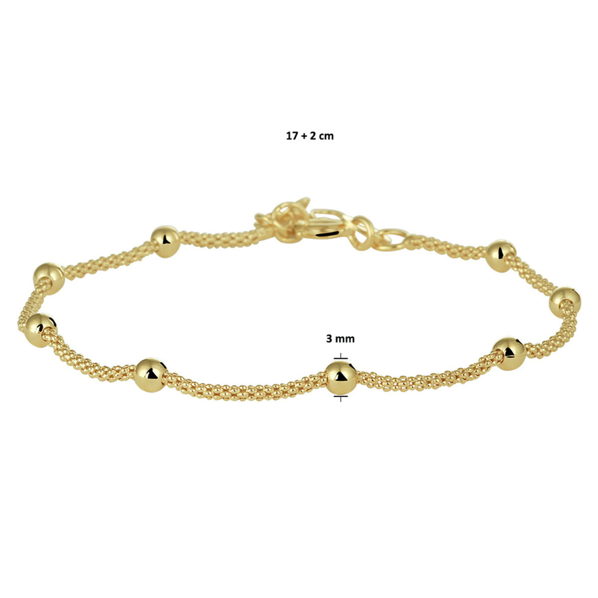 bracelet boules 3,0 mm 17 + 2 cm 3 microns argent plaqué or (jaune)
