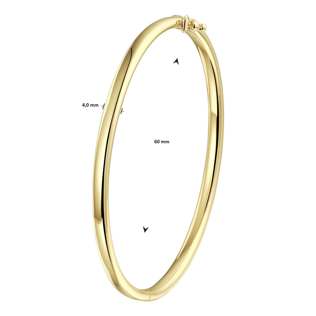 De Van der Kooij Collectie bangle scharnier ovale buis 4,0 mm in 14K geelgoud heeft een gepolijste afwerking en een slank, eenvoudig ontwerp. Hij is verticaal afgebeeld, heeft een diameter van 60 mm en is 4 mm dik.