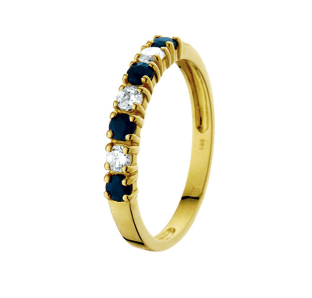 Bague en or jaune 14K ornée de saphirs et de zirconiums.
