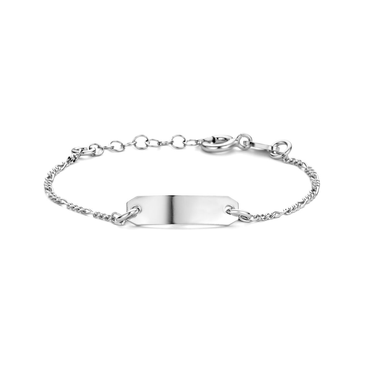 Bracelet en argent rhodié avec plaque gravable de 5,0 mm, longueur de 16 + 2 cm.