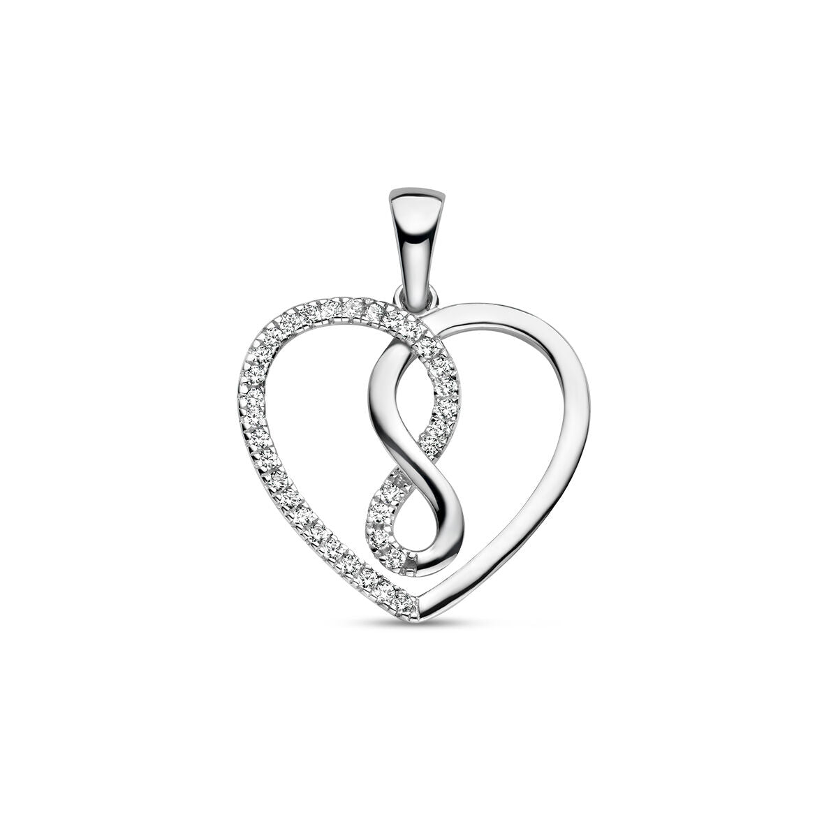 pendentif en forme de cœur avec symbole d'infini, en argent rhodié et ornée de zirconiums.