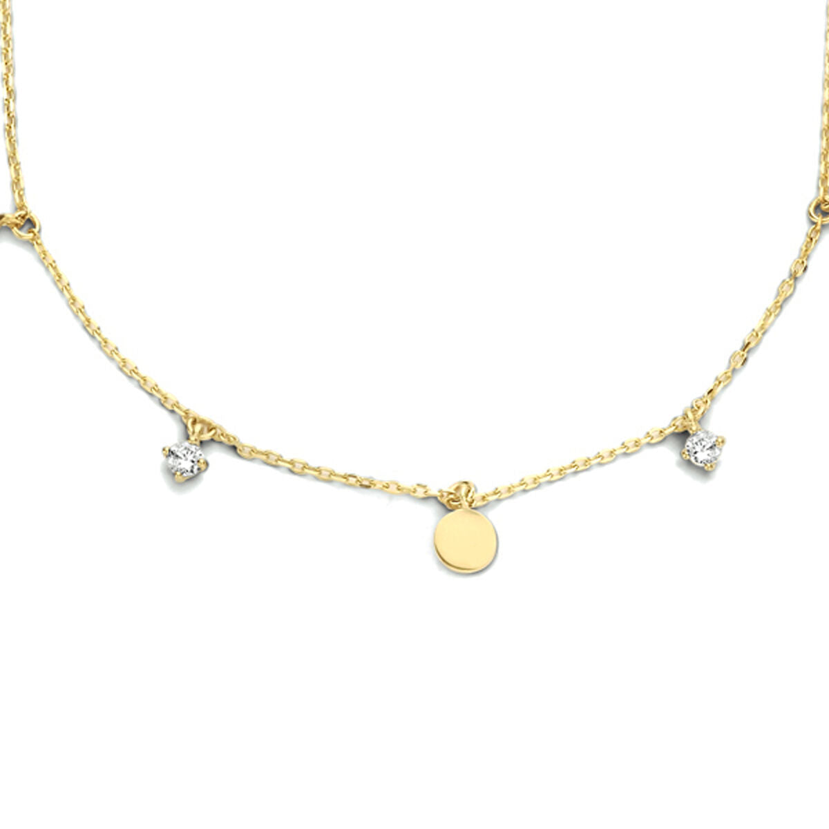 Collier en or jaune 14K avec des ronds et des zircons, longueur ajustable de 40 à 44 cm.