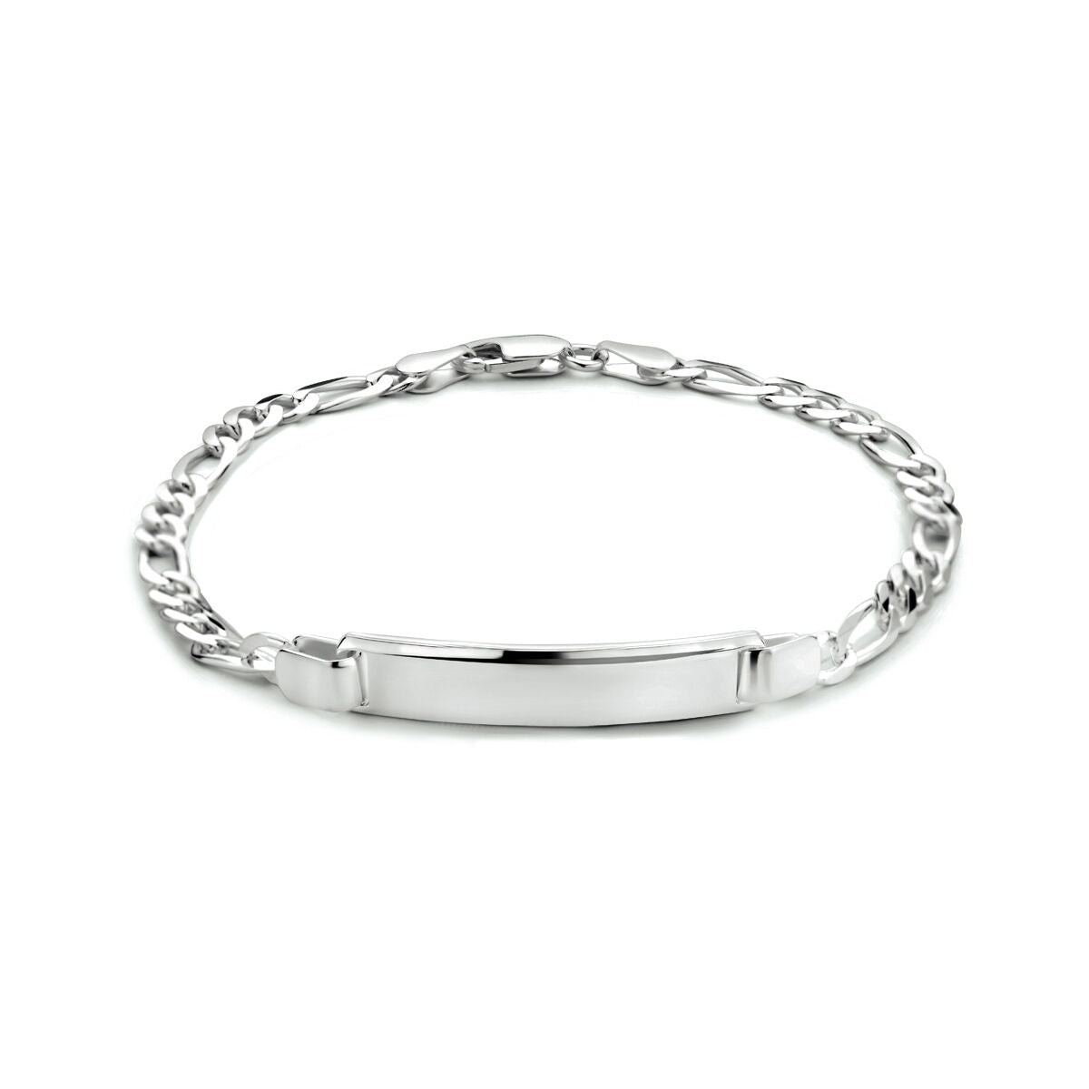 Bracelet en argent blanc avec maillons figaro et plaque gravable de 6,0 mm, longueur 19 cm.