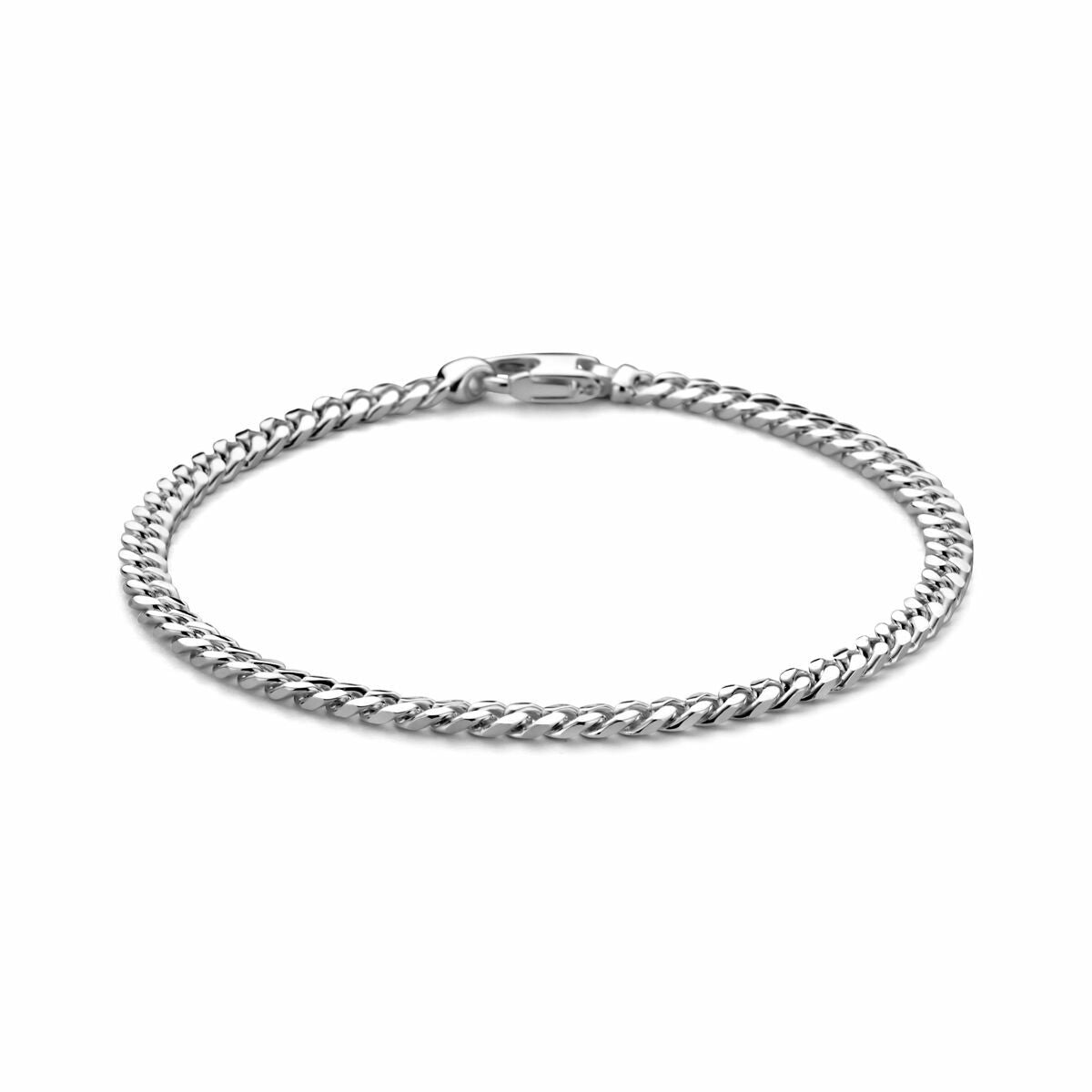 Bracelet gourmette en argent blanc, 4 mm de large, 21 cm de long, avec finition polie.