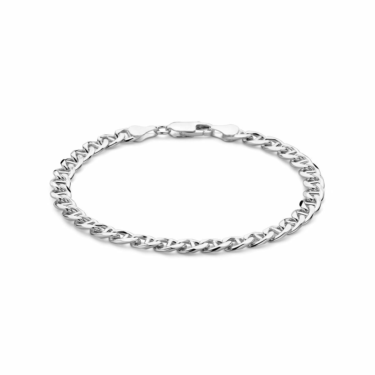 Bracelet en argent blanc avec maillons en forme d'ancre, largeur de 5,8 mm et longueur de 21 cm.
