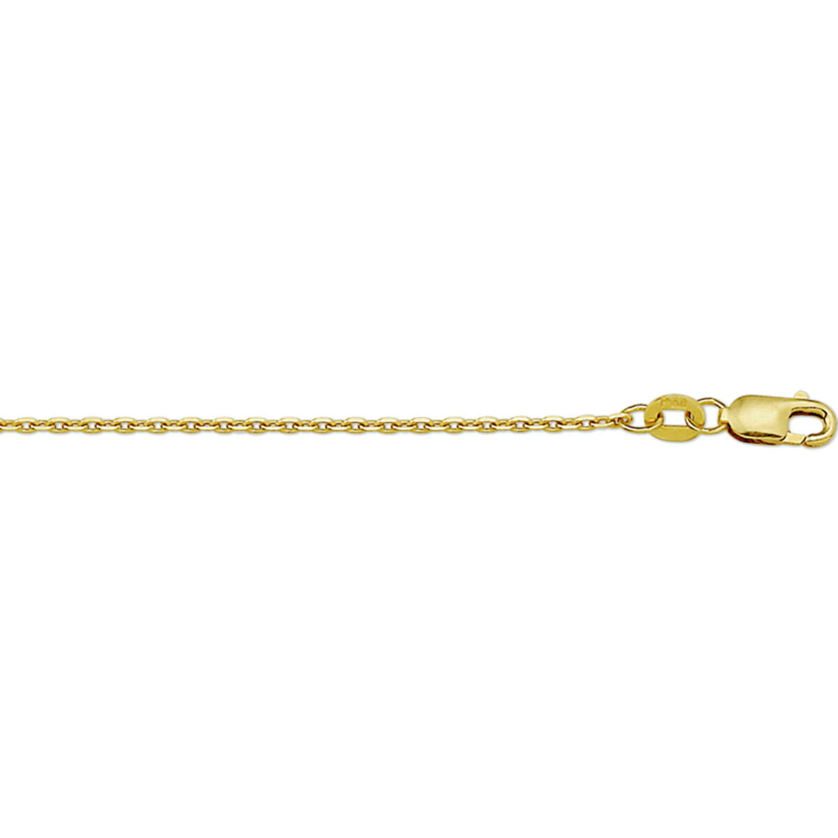 Een close-up van het Van der Kooij Collectie collier anker gediamanteerd 1,3 mm in 14K geelgoud, met een verfijnde ankerschakel en karabijnsluiting, elegant weergegeven op een witte achtergrond.