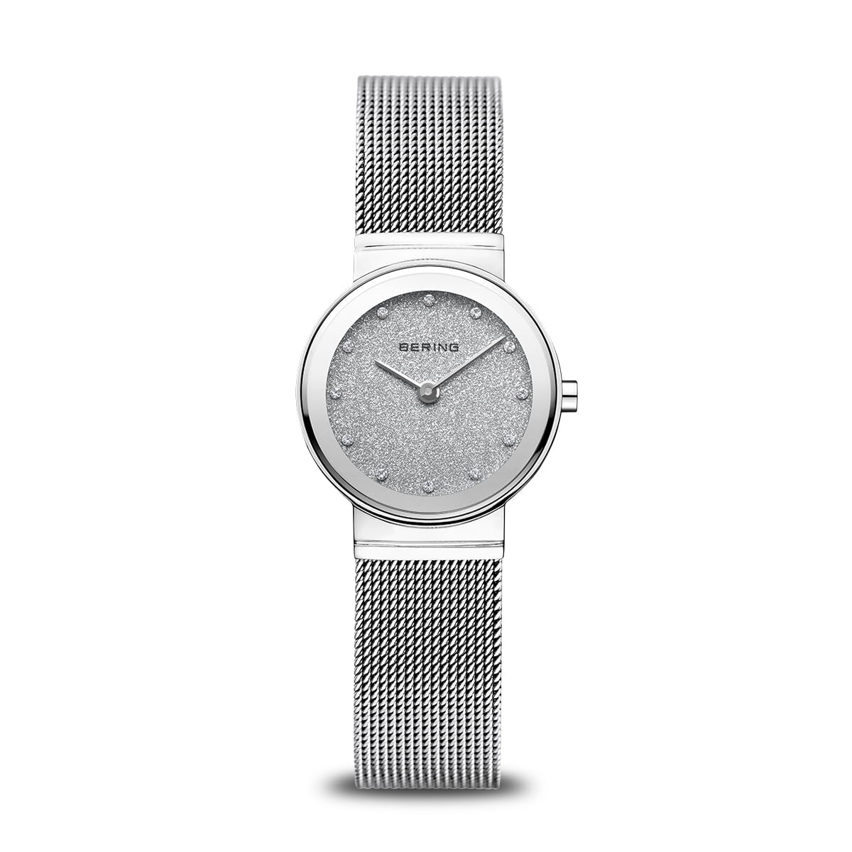 Montre Bering pour femme avec un cadran Stardust argenté et un bracelet en maille métallique.