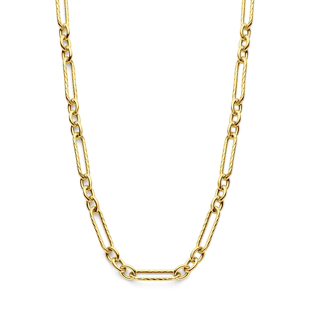 Gouden collier van 3 micron zilver verguld, met een schakellengte van 7,5 mm en een totale lengte van 43 + 5 cm.