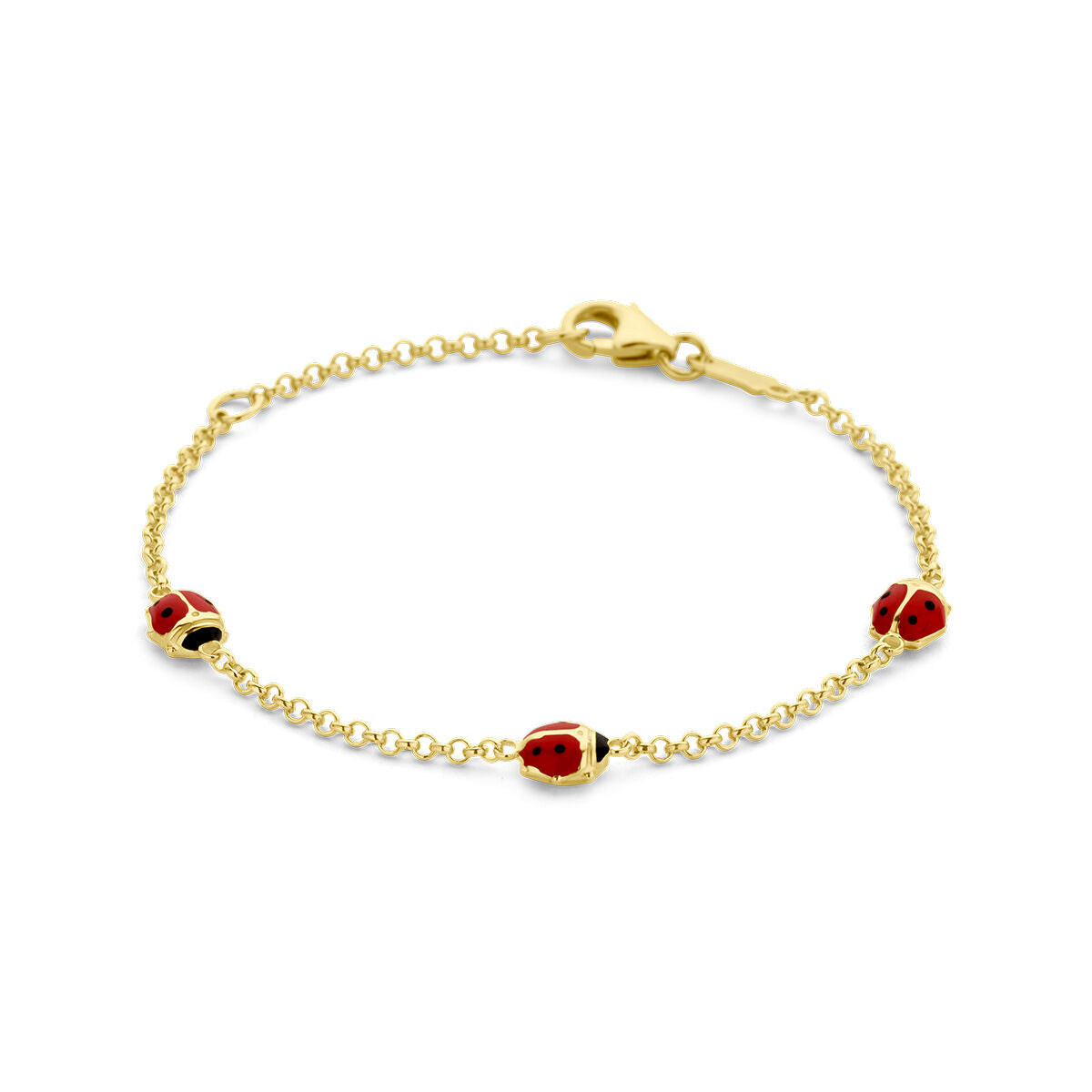 Bracelet en or jaune 14K avec des coccinelles rouges décoratives.