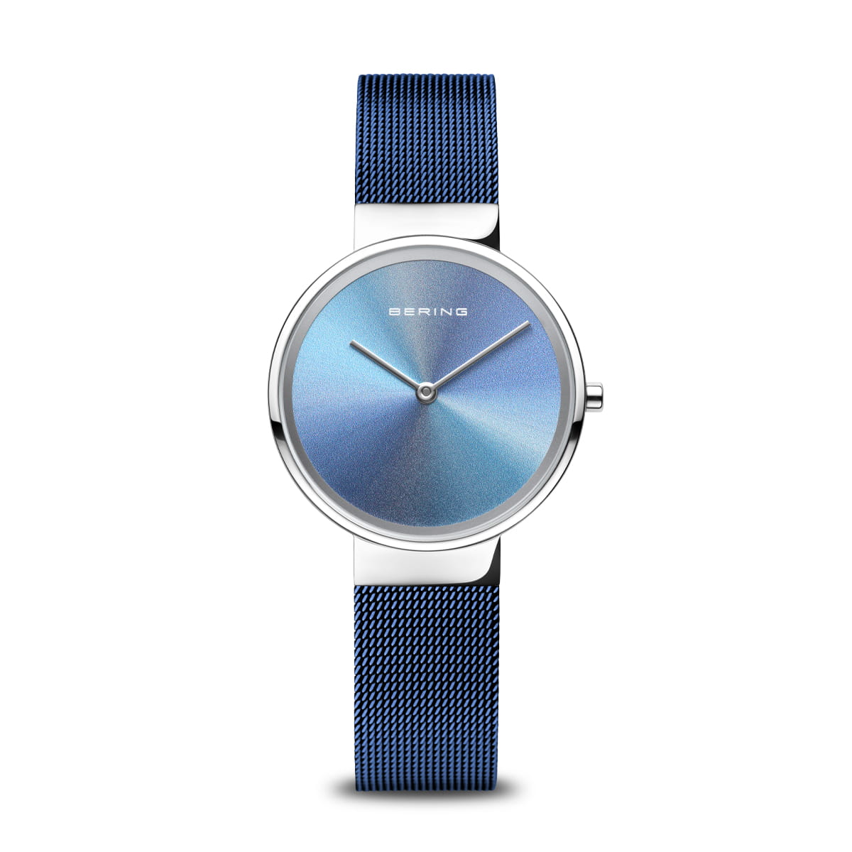 Montre pour dames avec un cadran multicolore bleu et un bracelet en maille milanaise argenté.