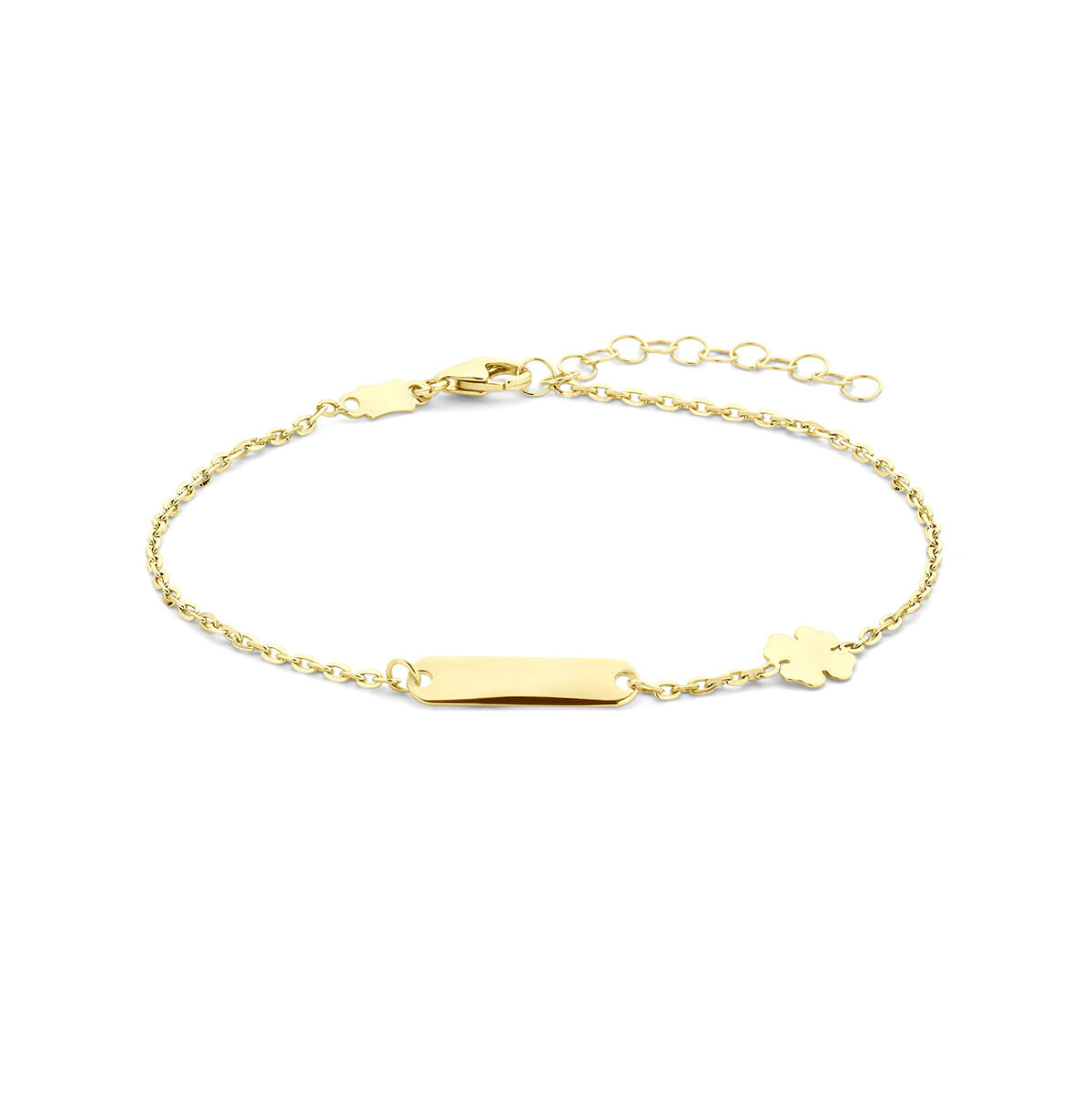 Bracelet en or jaune 14K avec plaque gravable de 3,5 mm et motif de trèfle.