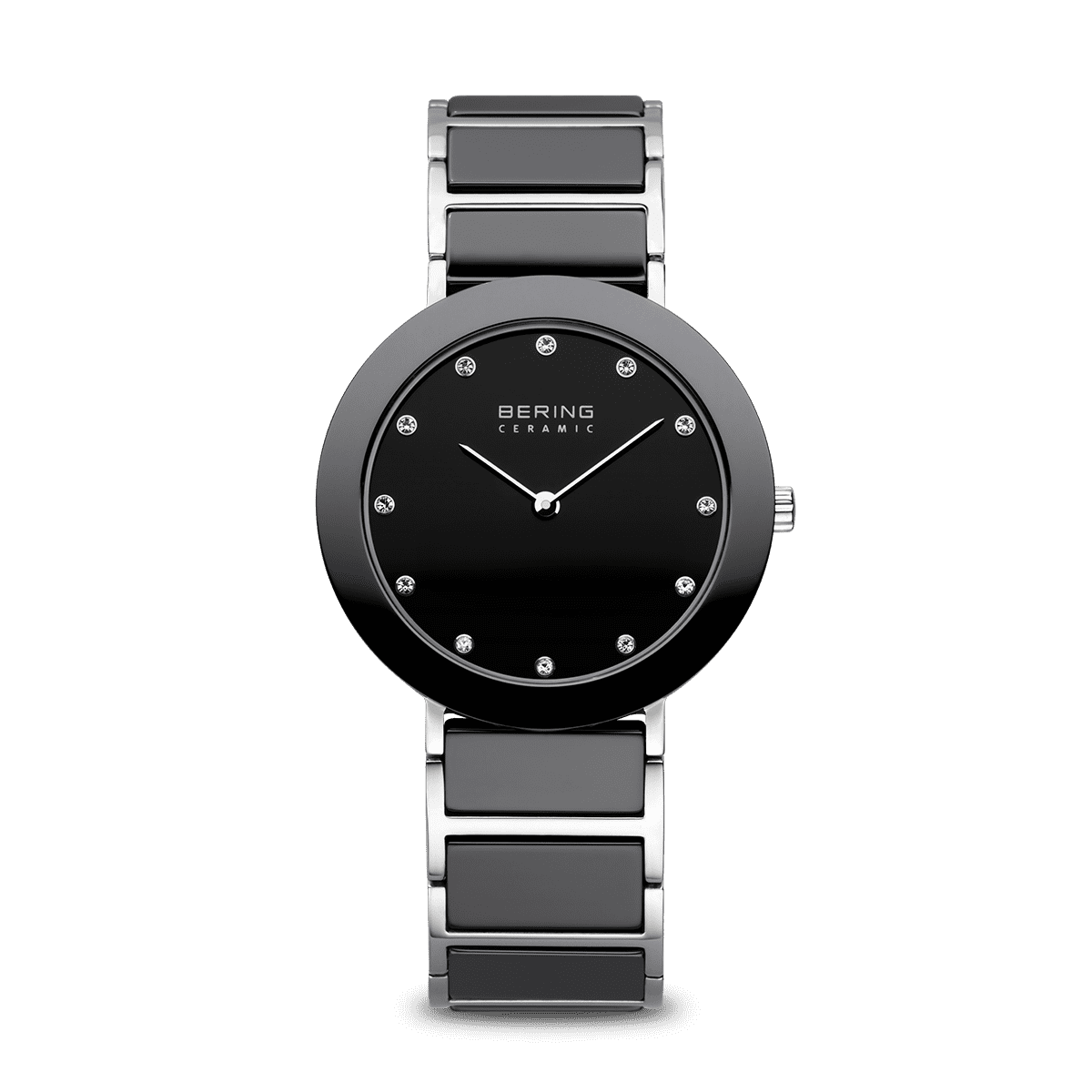 Montre en céramique noire avec un bracelet en acier inoxydable, cadran lisse et index en strass.