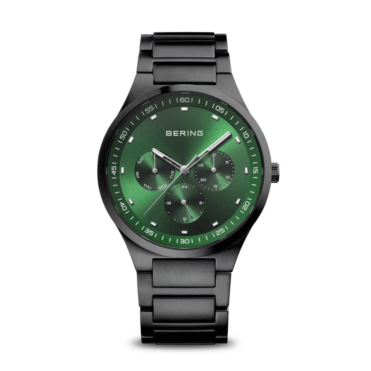 Montre pour homme avec cadran vert, boîtier noir et bracelet en acier.