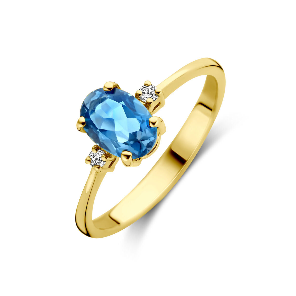 Bague en or jaune 14K avec topaze londonienne ovale et deux diamants de 0,04 ct.