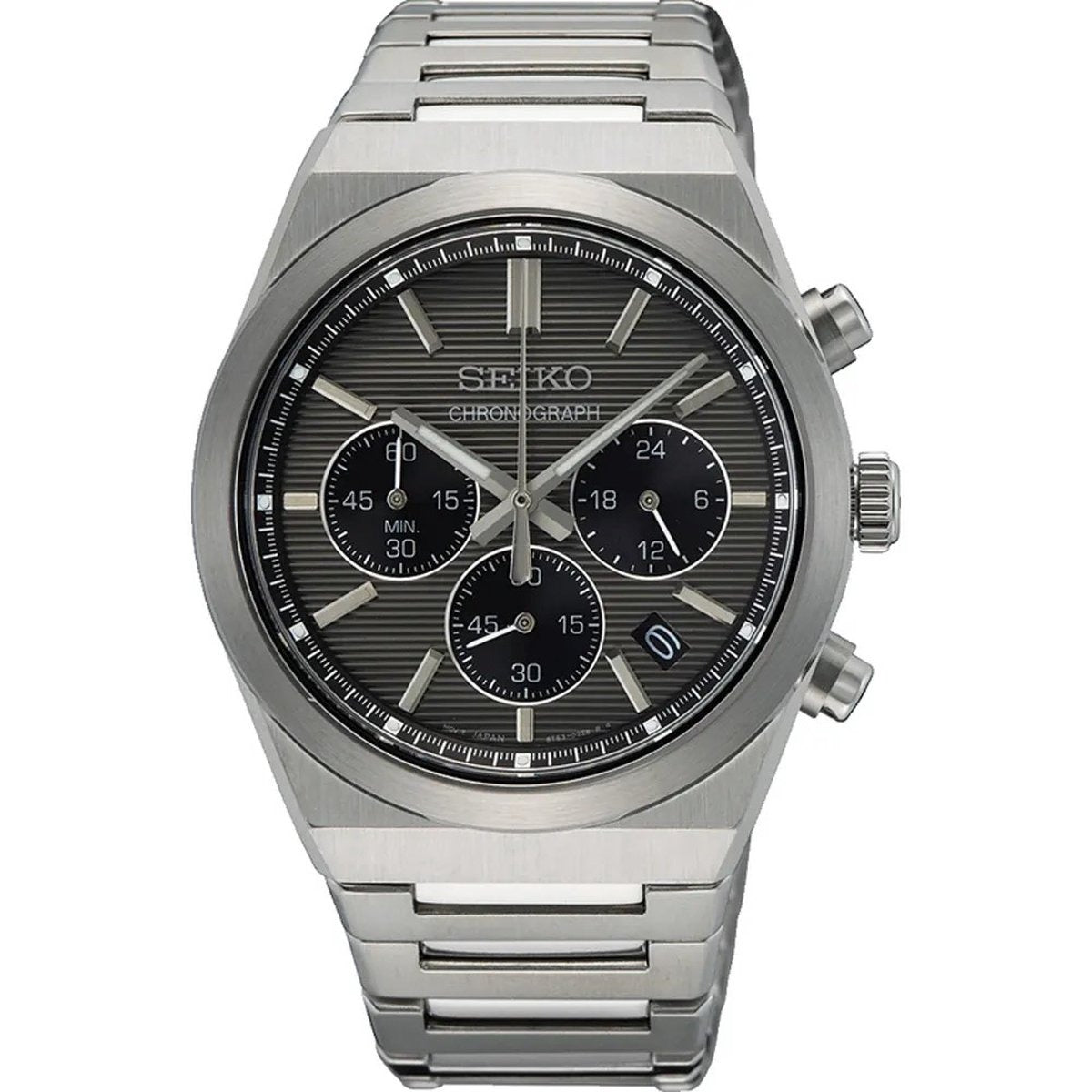 Montre pour homme Seiko avec boîtier en acier inoxydable, cadran gris et bracelet en acier.