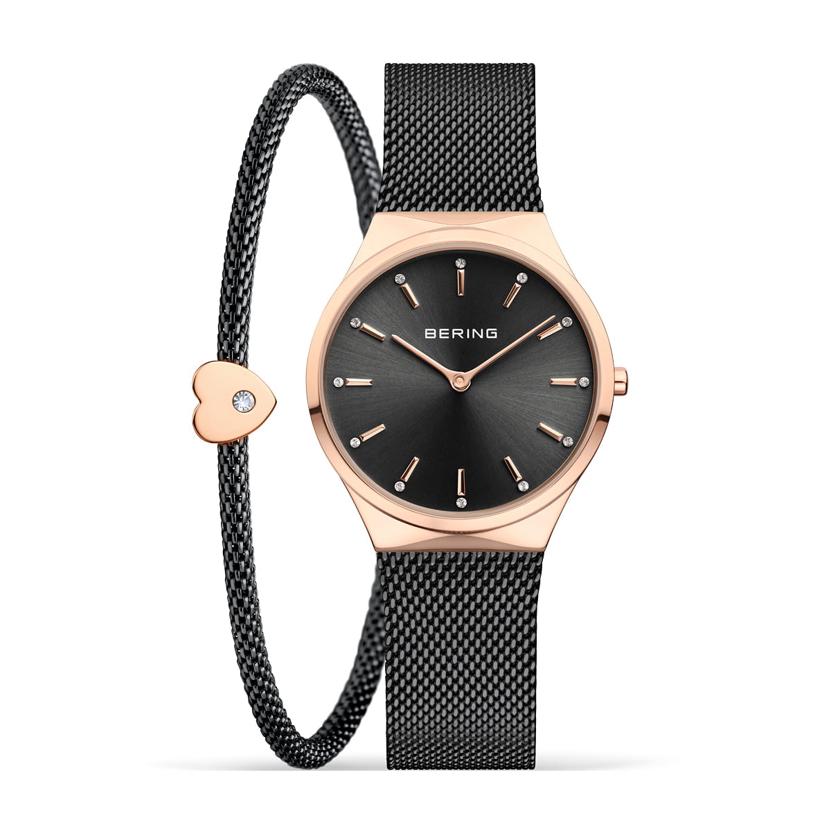 Montre avec boîtier rose et cadran noir, bracelet en maille noire et bracelet jonc en métal.