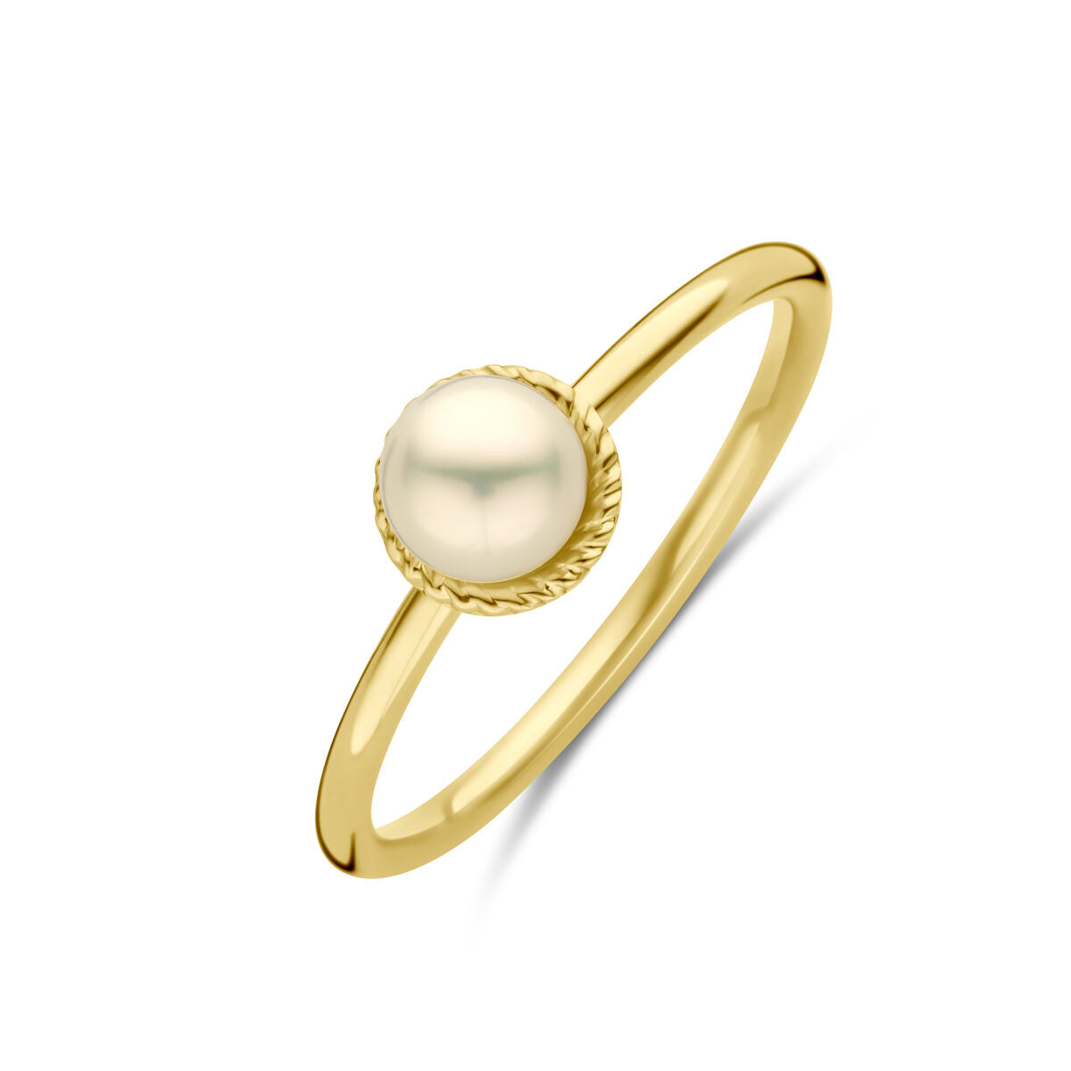 bague en or jaune 14K avec une perle centrale et un motif tressé