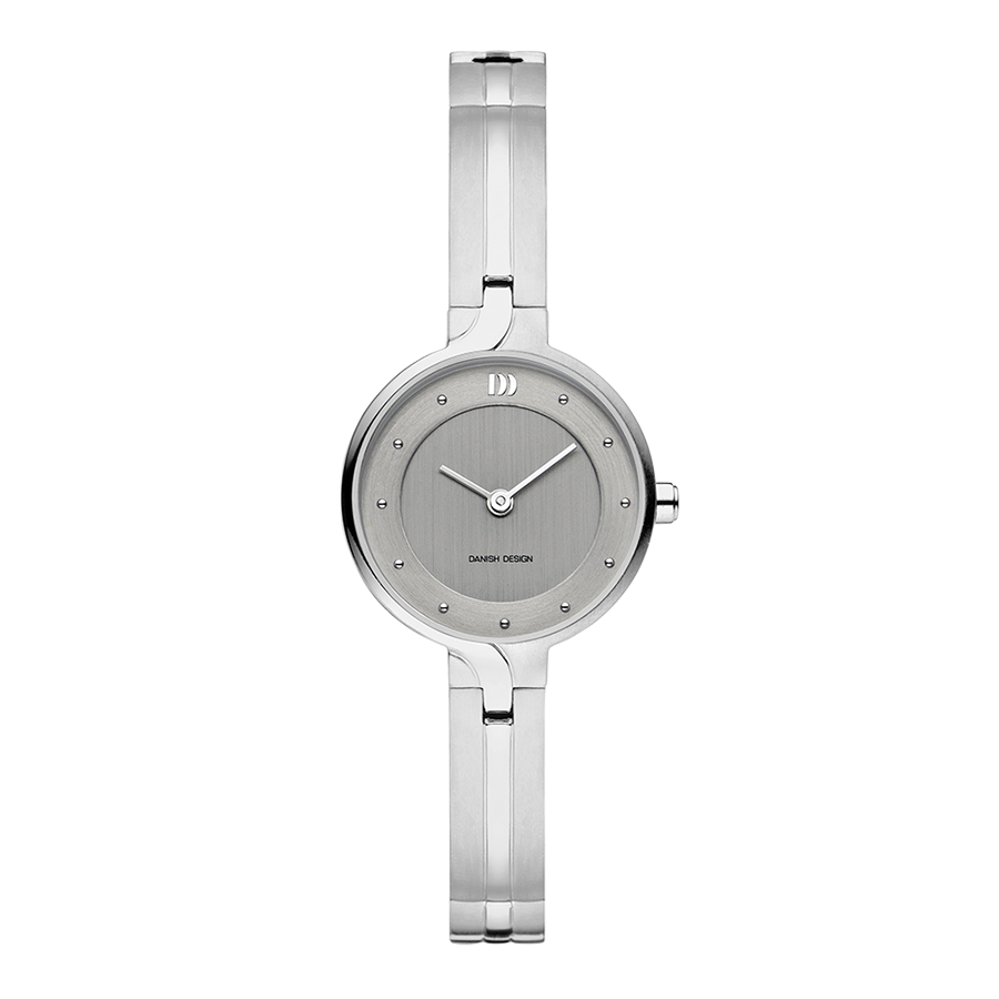 Montre argentée avec un cadran gris et un bracelet en acier inoxydable.