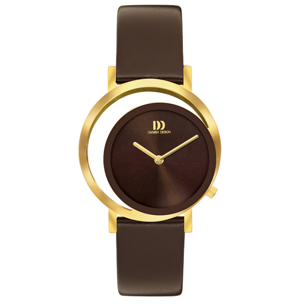 Montre dorée avec un cadran marron et un bracelet en cuir brun.
