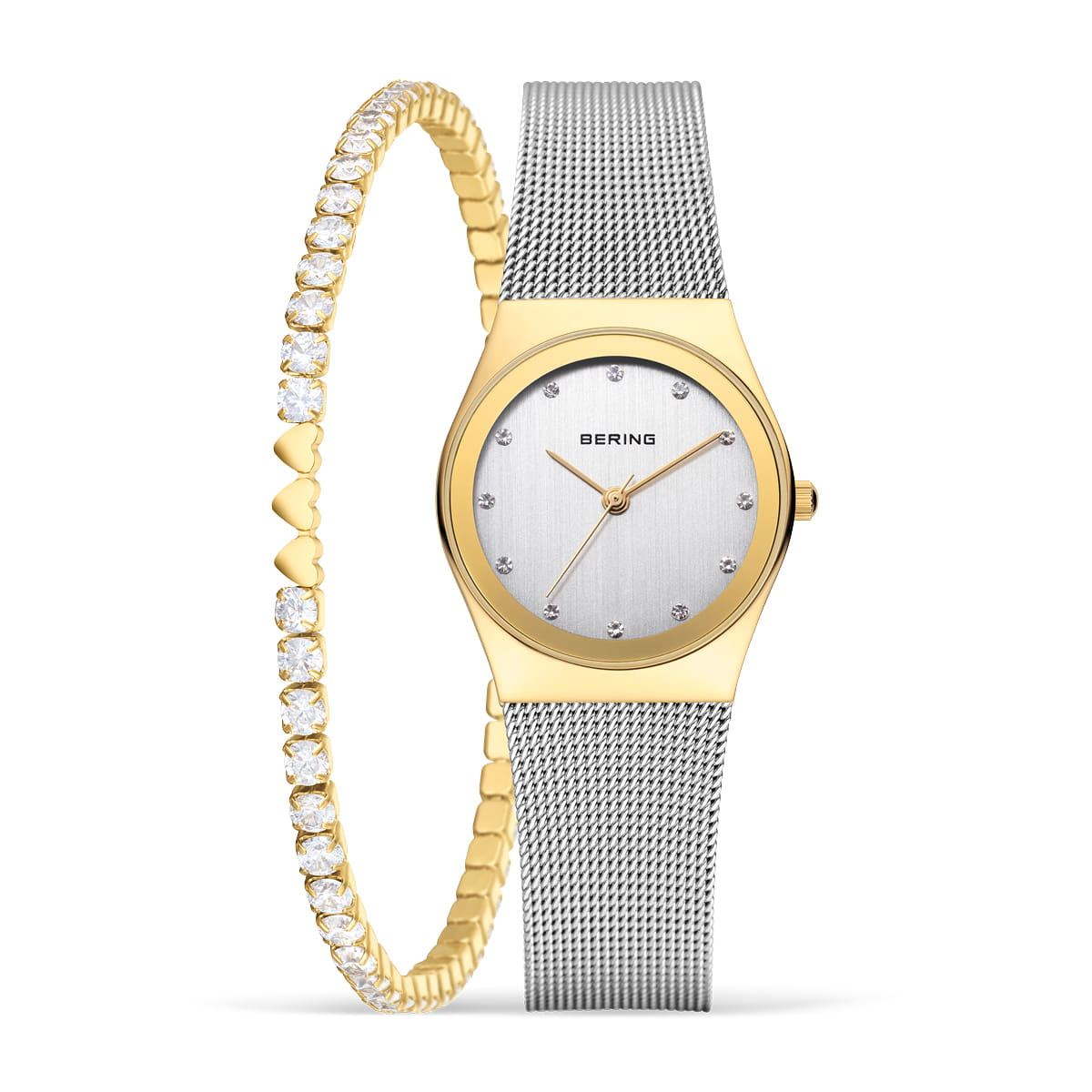 Montre dorée avec cadran argenté et bracelet en maille, accompagnée d'un bracelet jonc orné de cristaux.