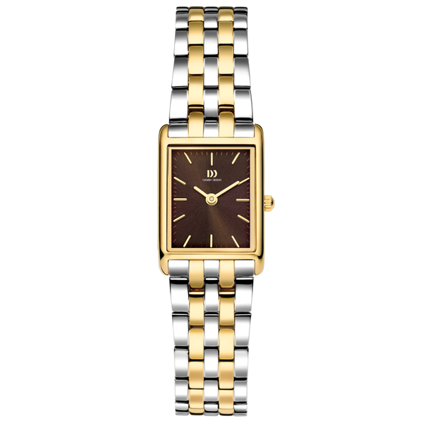 Montre rectangulaire bicolore en acier inoxydable avec un cadran marron et un bracelet à maillons.