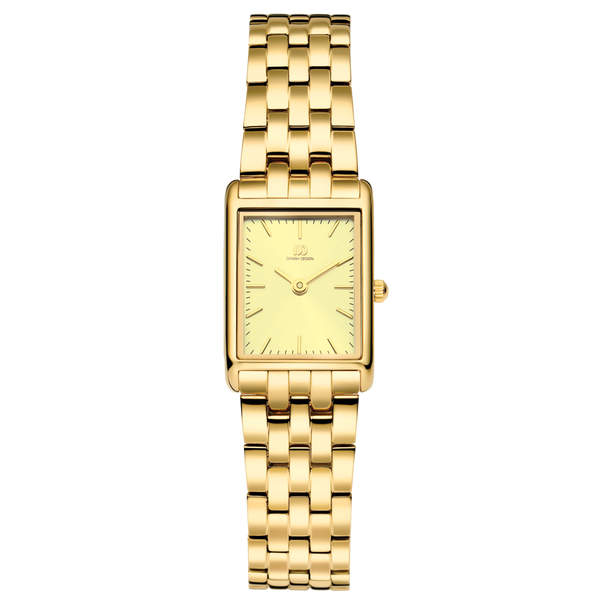 Montre dorée avec un cadran jaune et un bracelet en maillons.
