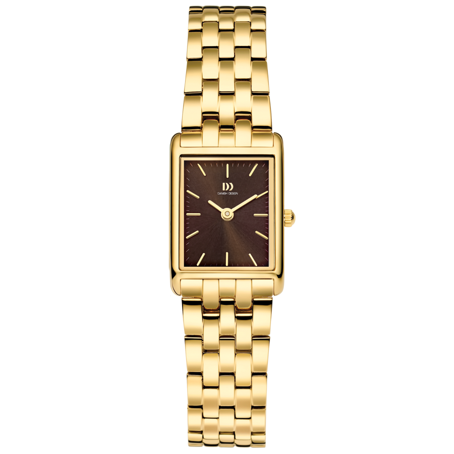 Montre dorée avec un cadran chocolat et un bracelet en maillons.