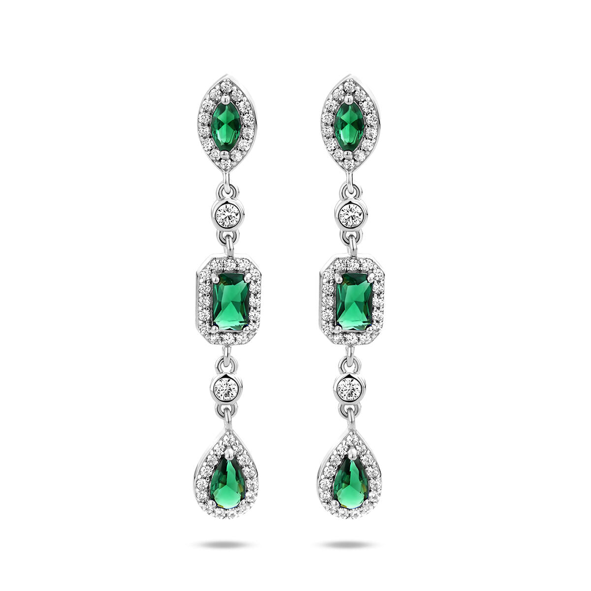 Boucles d'oreilles en argent rhodié avec zirconias blancs et verts, en forme de goutte et de rectangle.