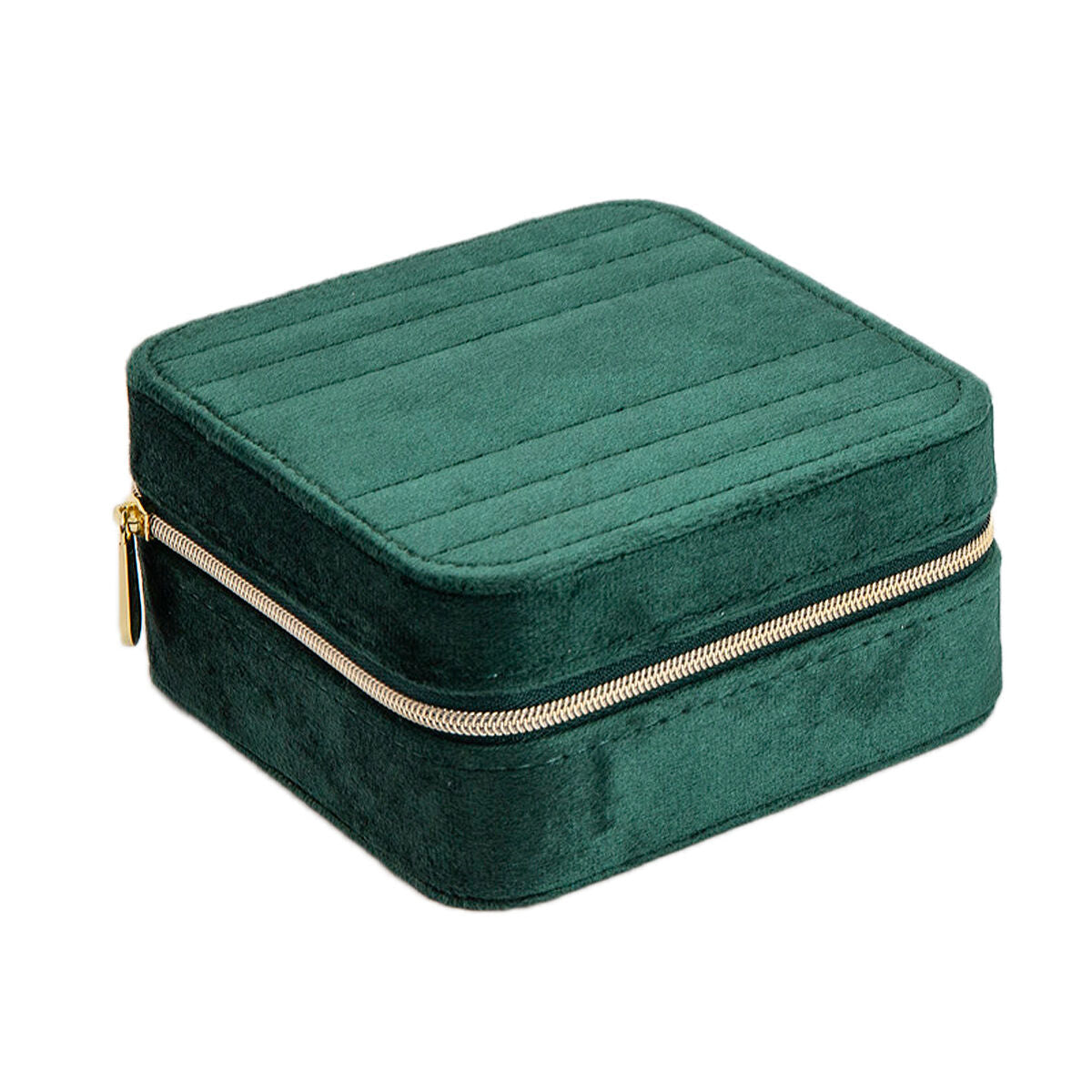 Boîte à bijoux verte en velours avec fermeture éclair dorée et design carré.