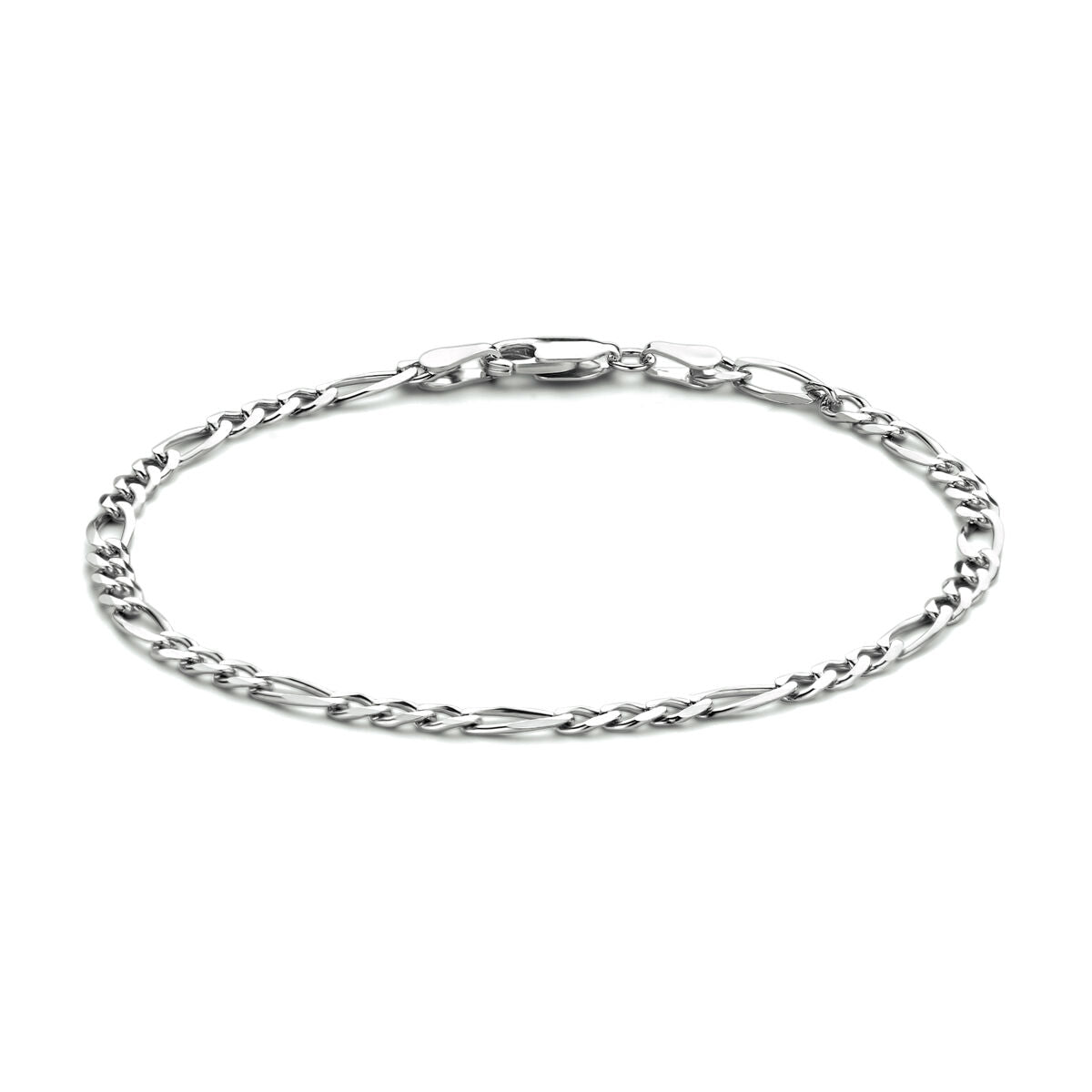 Bracelet en argent rhodié de type figaro, mesurant 3,3 mm, avec un design entrelacé.
