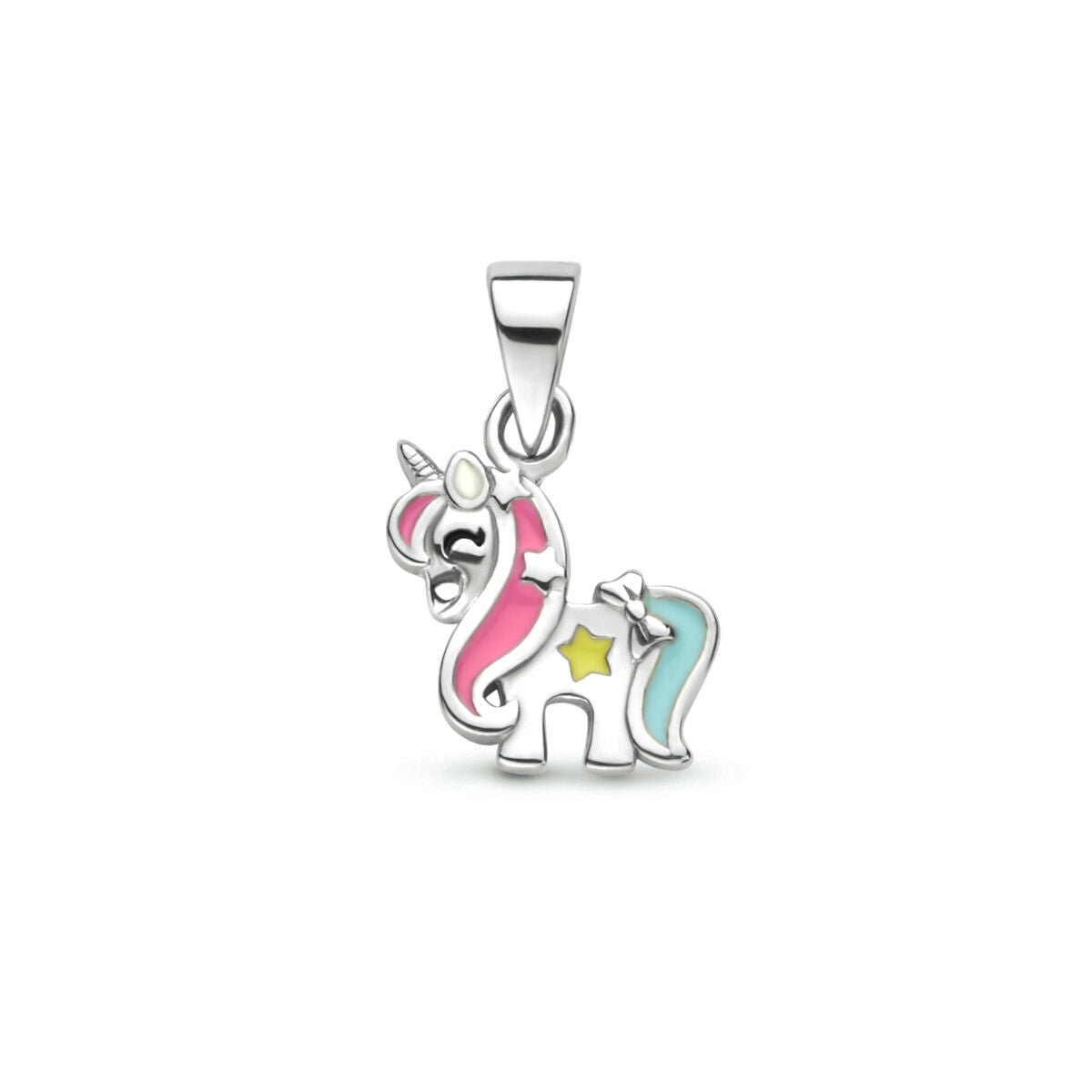 pendentif en forme de licorne en argent rhodié avec des détails colorés.