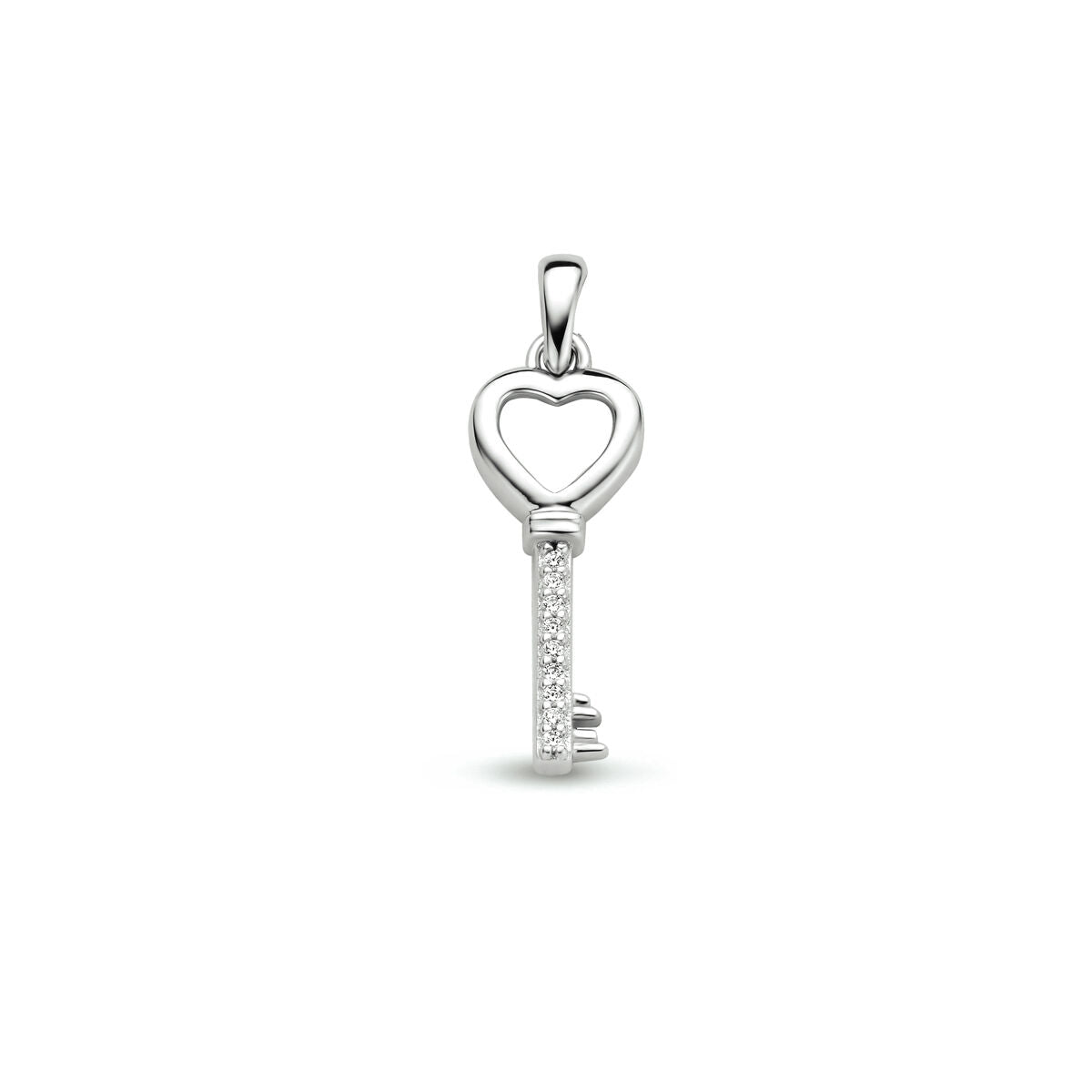 pendentif clé en argent rhodié avec zirconiums, en forme de cœur.