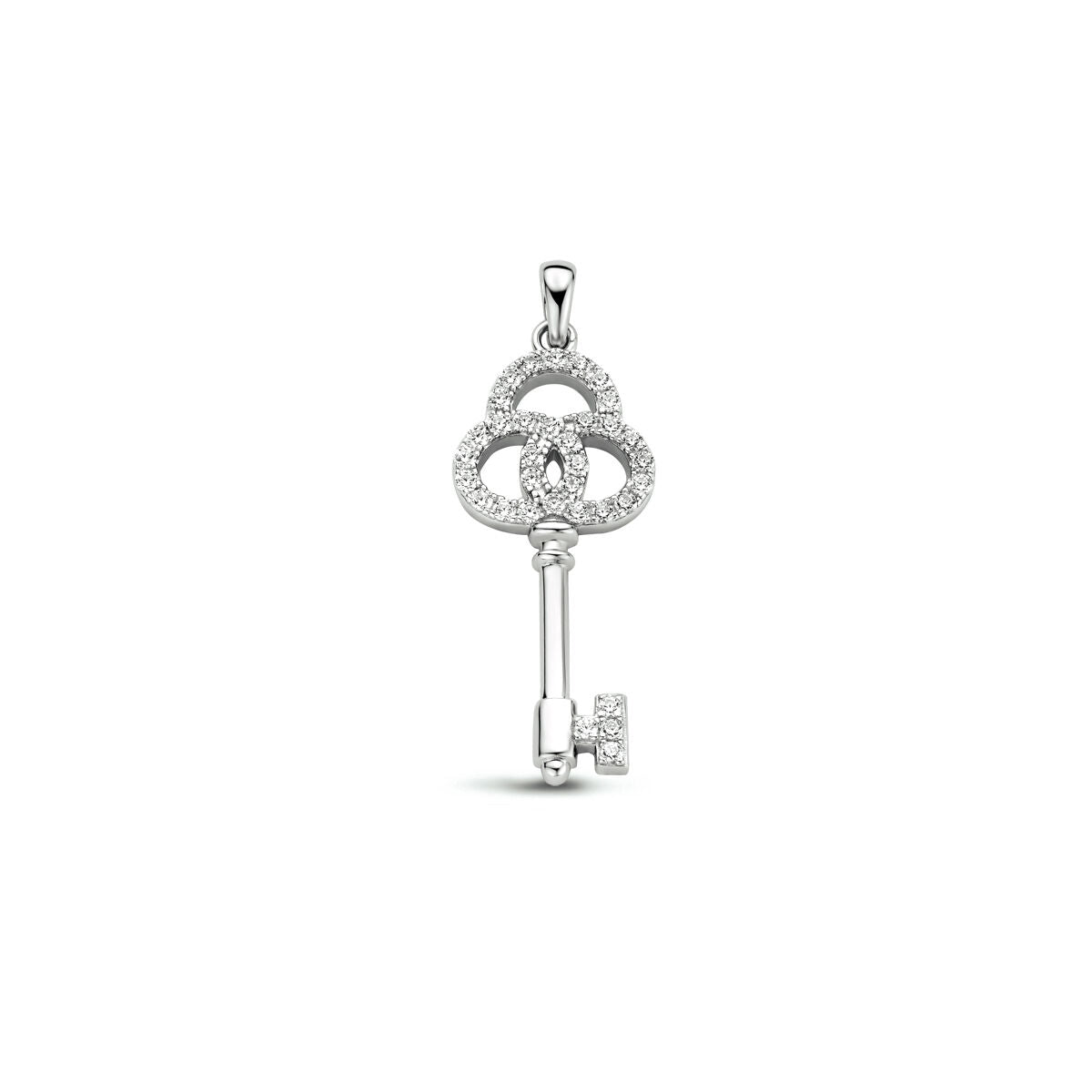 pendentif clé en argent rhodié avec zirconias, design en forme de clé.