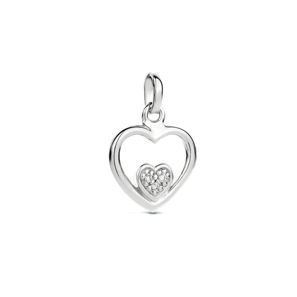 pendentif en forme de cœur en argent rhodié avec un cœur en zircone à l'intérieur.