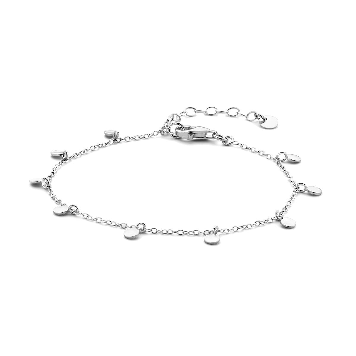Bracelet argenté rhodié avec des ronds décoratifs, longueur de 16 à 19 cm.