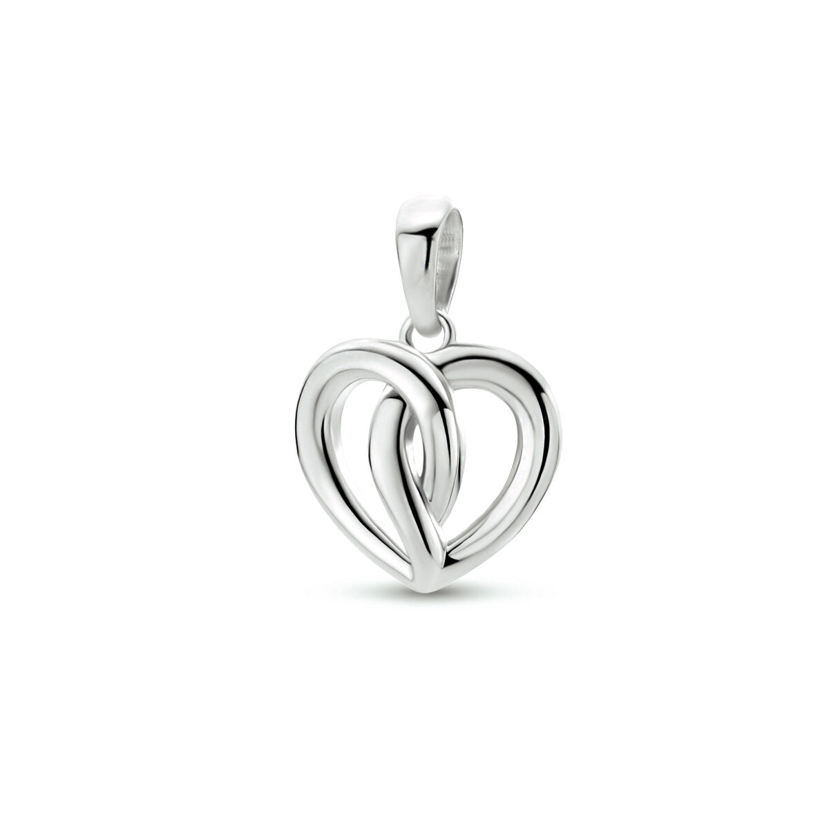 pendentif en forme de cœur en argent rhodié, avec un design entrelacé.