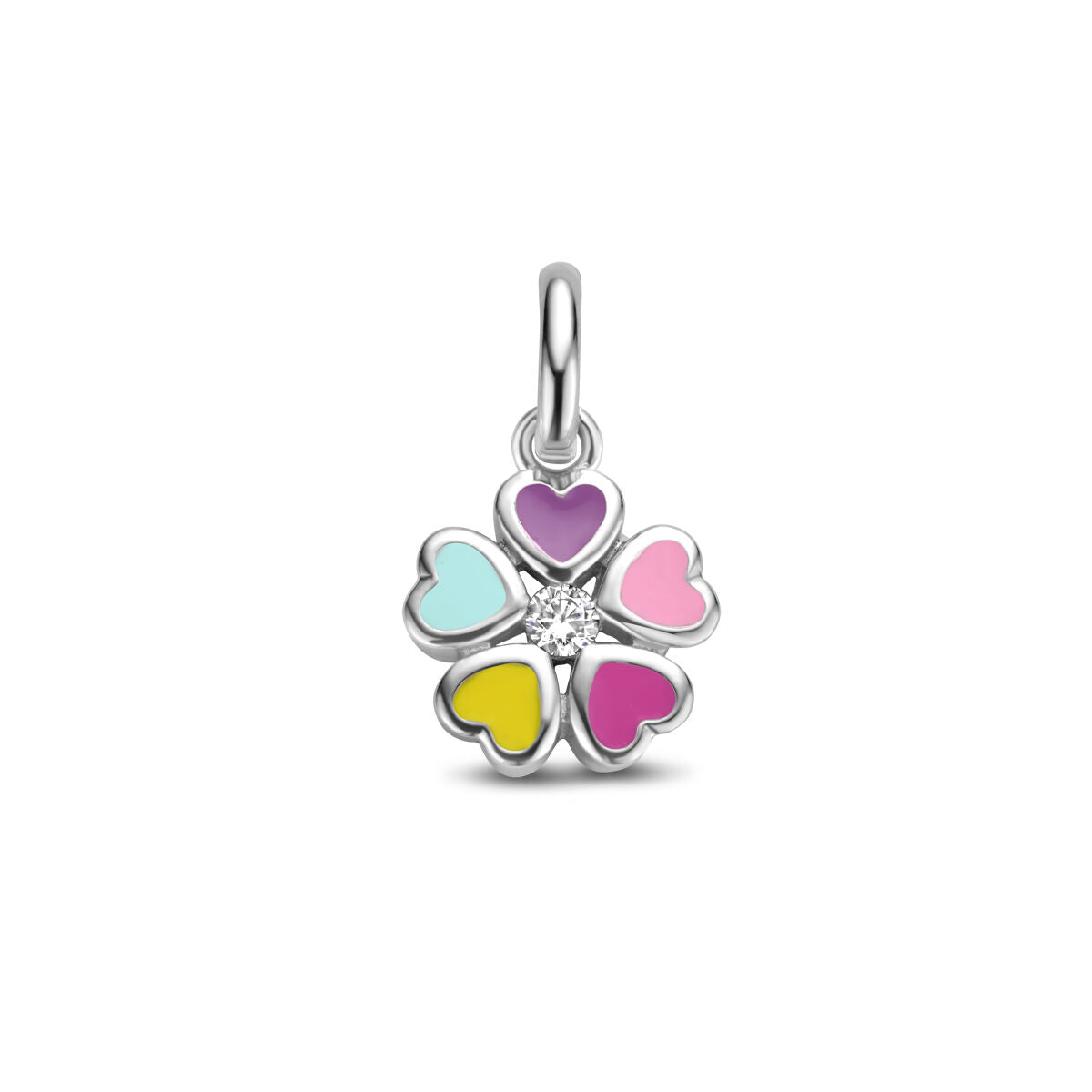pendentif en forme de fleur avec des cœurs colorés et un zirconium, en argent rhodié.
