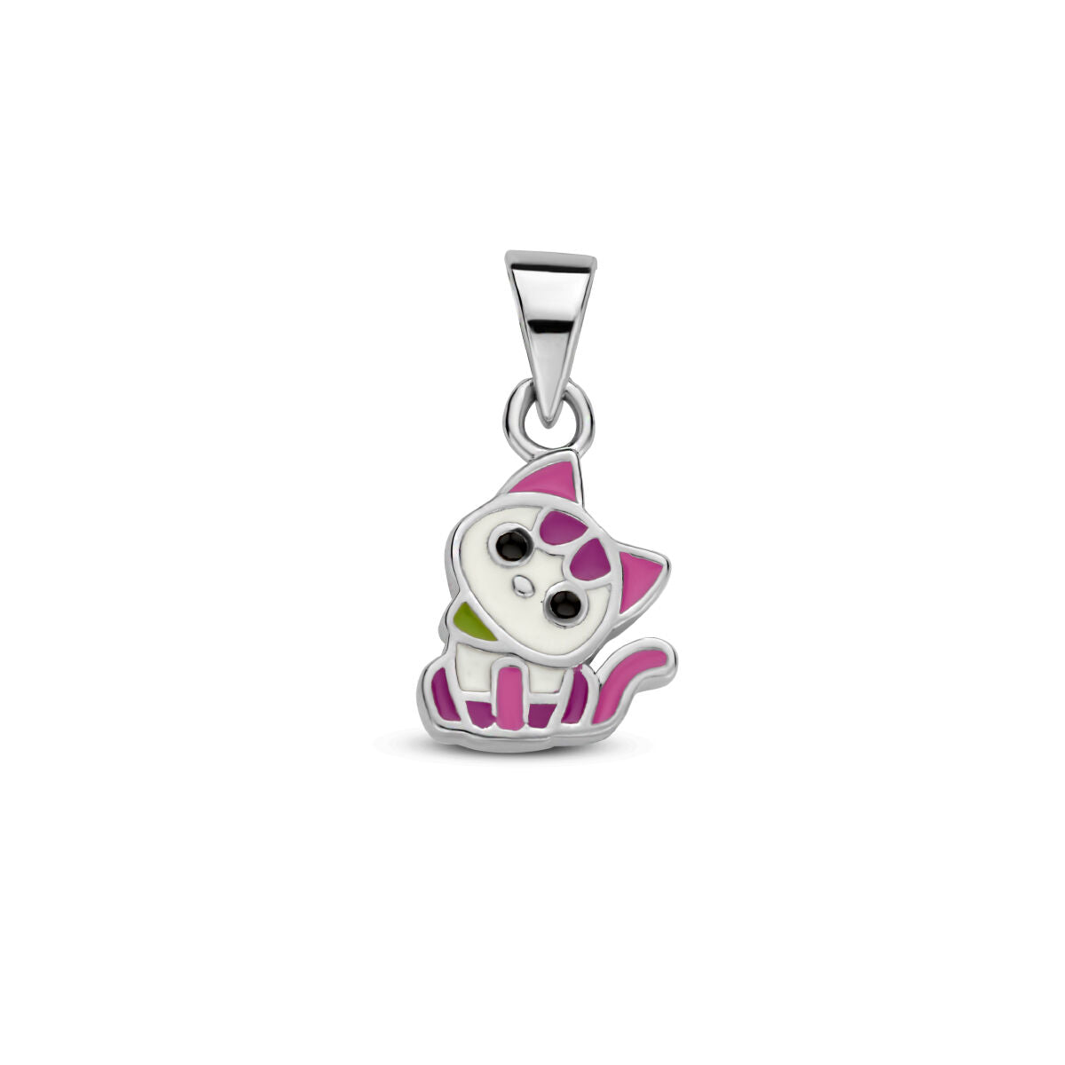 pendentif chat en argent rhodié avec des détails colorés.