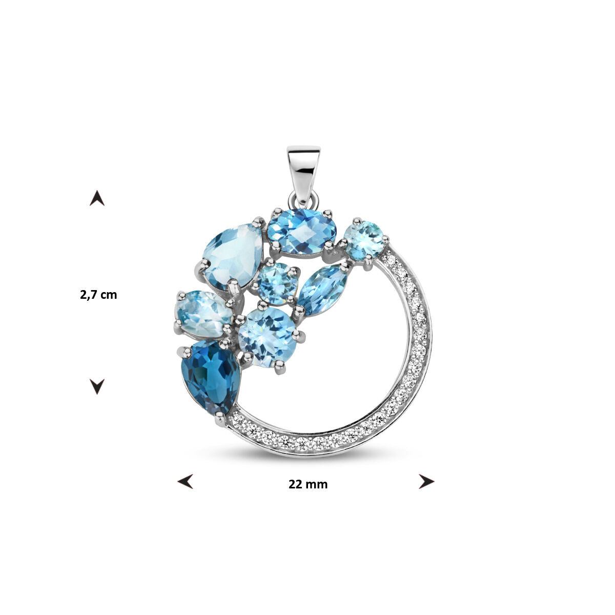 pendentif rond bleu topaze et zircone argent rhodié
