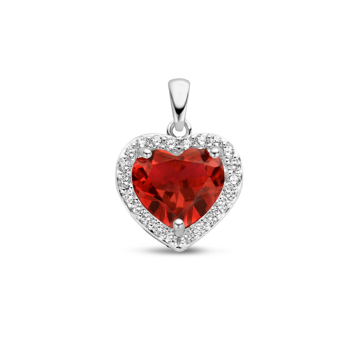Hanger in de vorm van een hart met een synthetische robijn en een halo van zirkonia, zilver gerhodineerd.