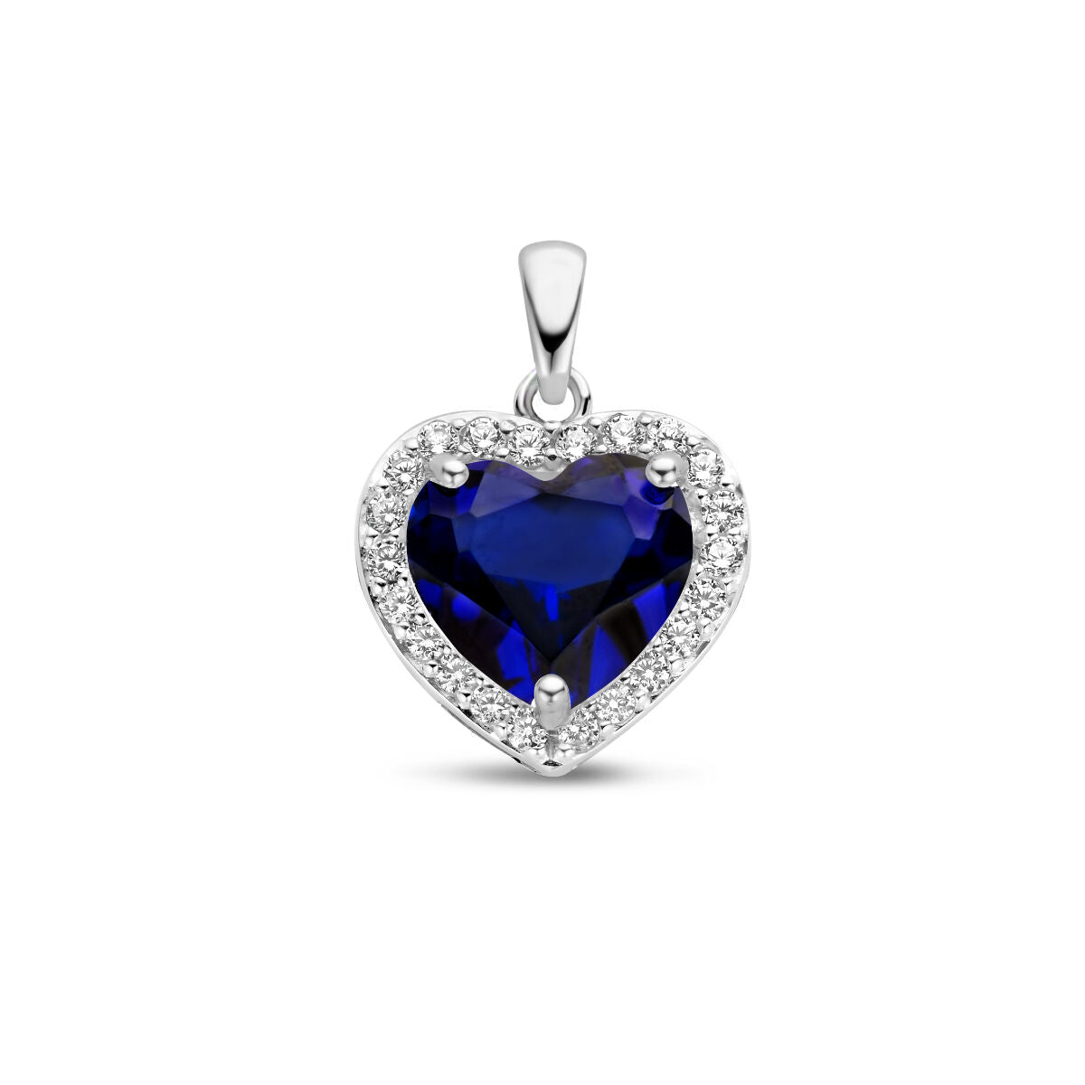 pendentif en forme de cœur en saphir synthétique, entouré de zirconiums, en argent rhodié.