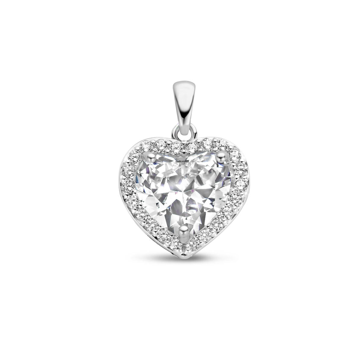 pendentif en forme de cœur en zirconium, entouré de petites pierres brillantes, finition argent rhodié.