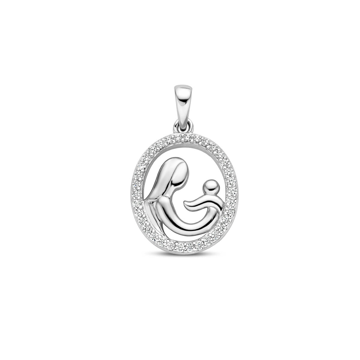 pendentif en argent rhodié représentant une mère et son enfant, entouré de zircons.