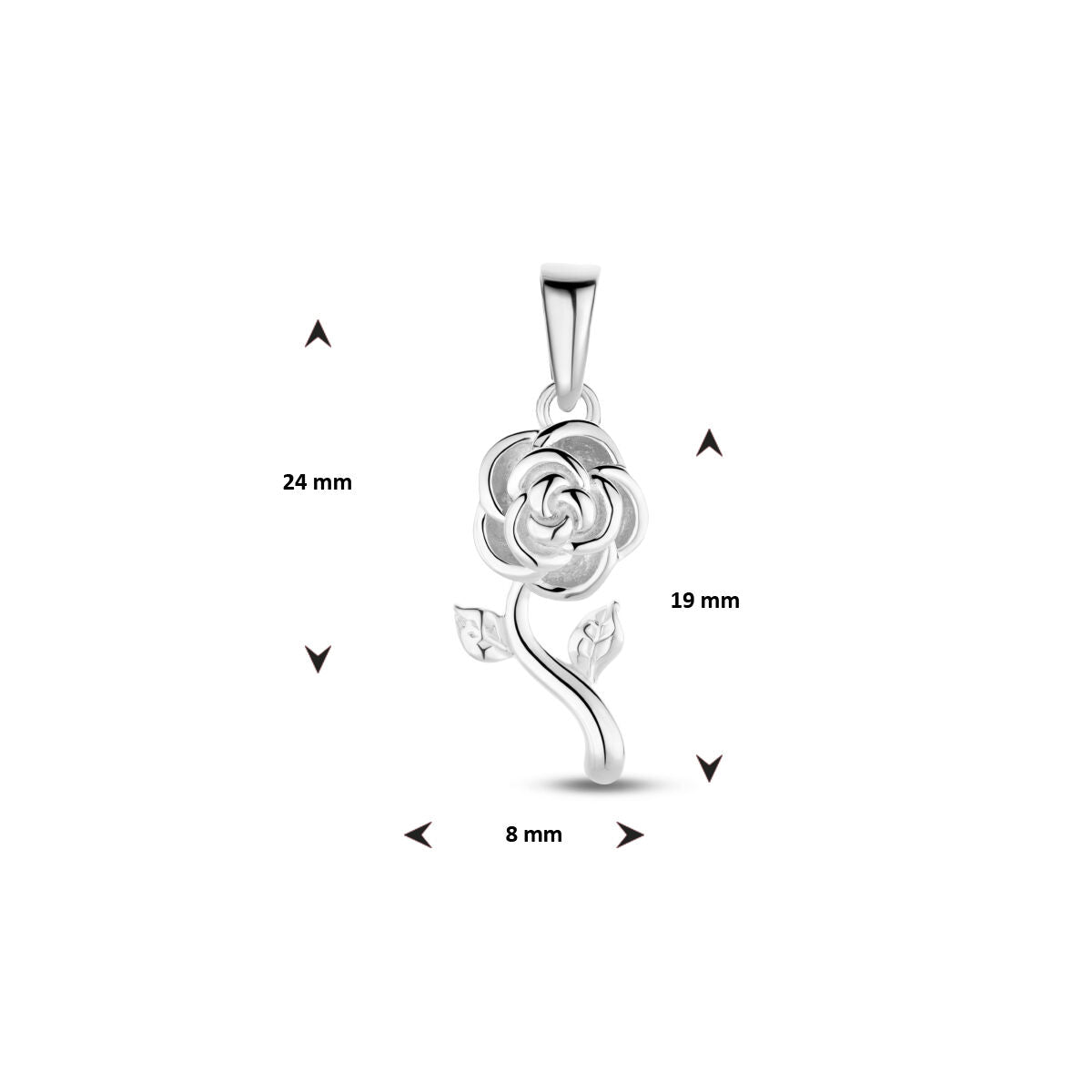 Van der Kooij Collectie hanger roos zilver gerhodineerd met bladaccenten, gepresenteerd tegen een witte achtergrond. Afmetingen: 24 mm hoog, 19 mm breed, 8 mm onderaan; zwarte pijlen tonen de maten.