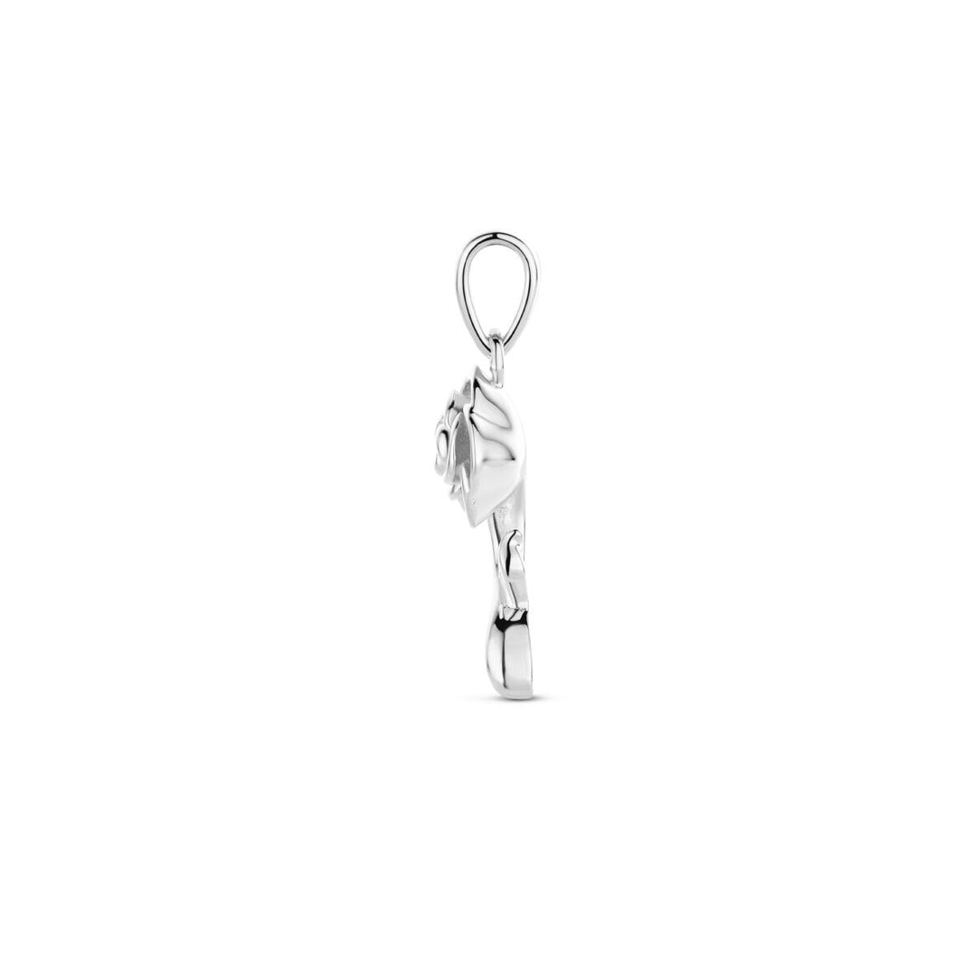 De hanger roos zilver gerhodineerd van Van der Kooij Collectie is een gerhodineerd zilveren hanger met een roosdessin en bovenlus, ideaal voor dames sieraden, afgebeeld op een effen witte ondergrond.