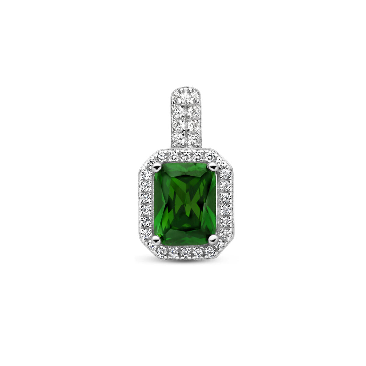 Pendentif en argent rhodié avec une zirkonia verte centrale entourée de zirkonias blanches.