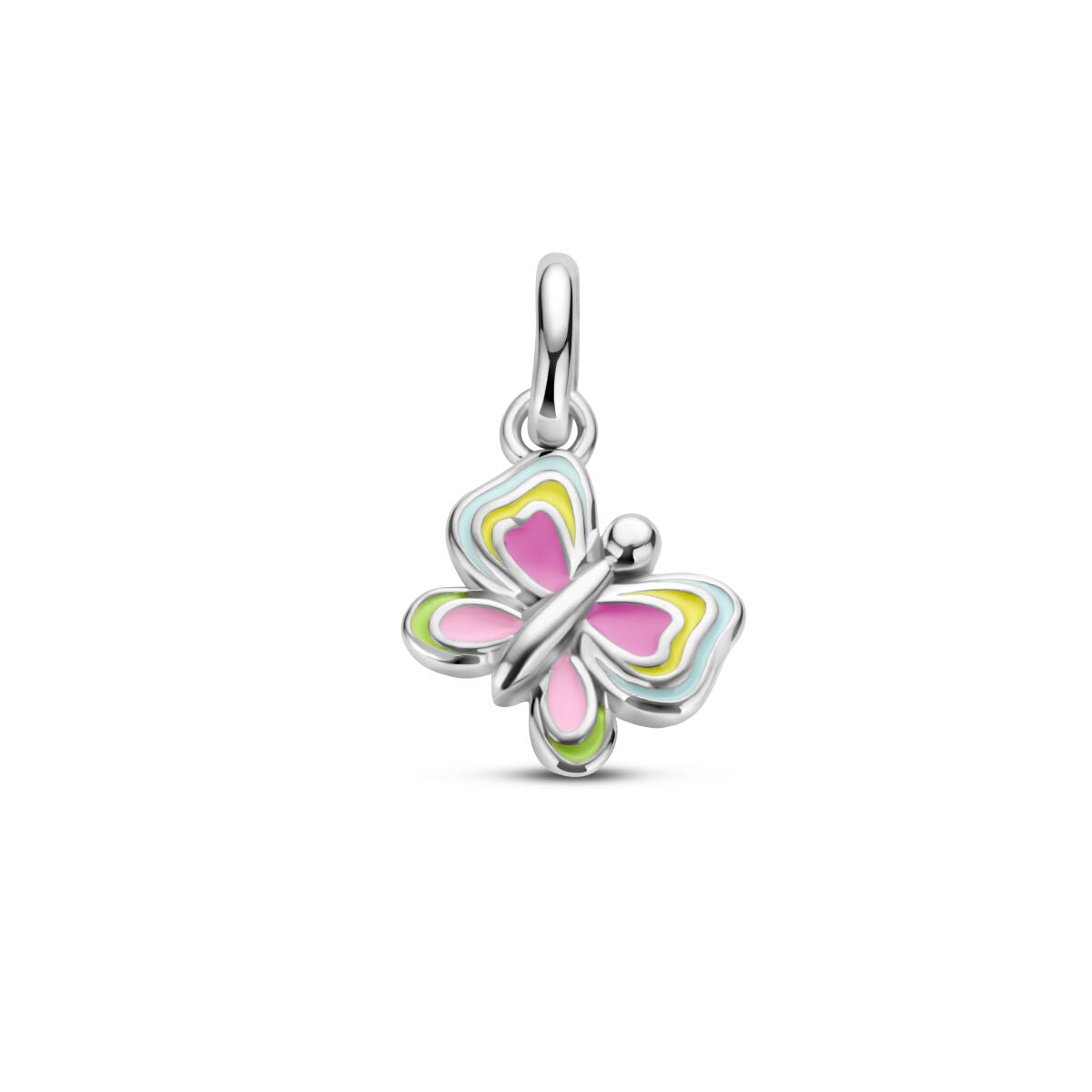 pendentif en forme de papillon en argent rhodié avec des détails colorés.